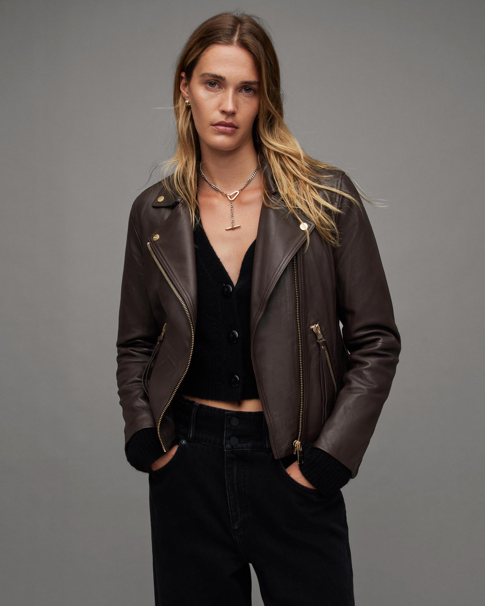 AllSaints Dalby Slim Fit Leather Jacket Biker in Black | Lyst