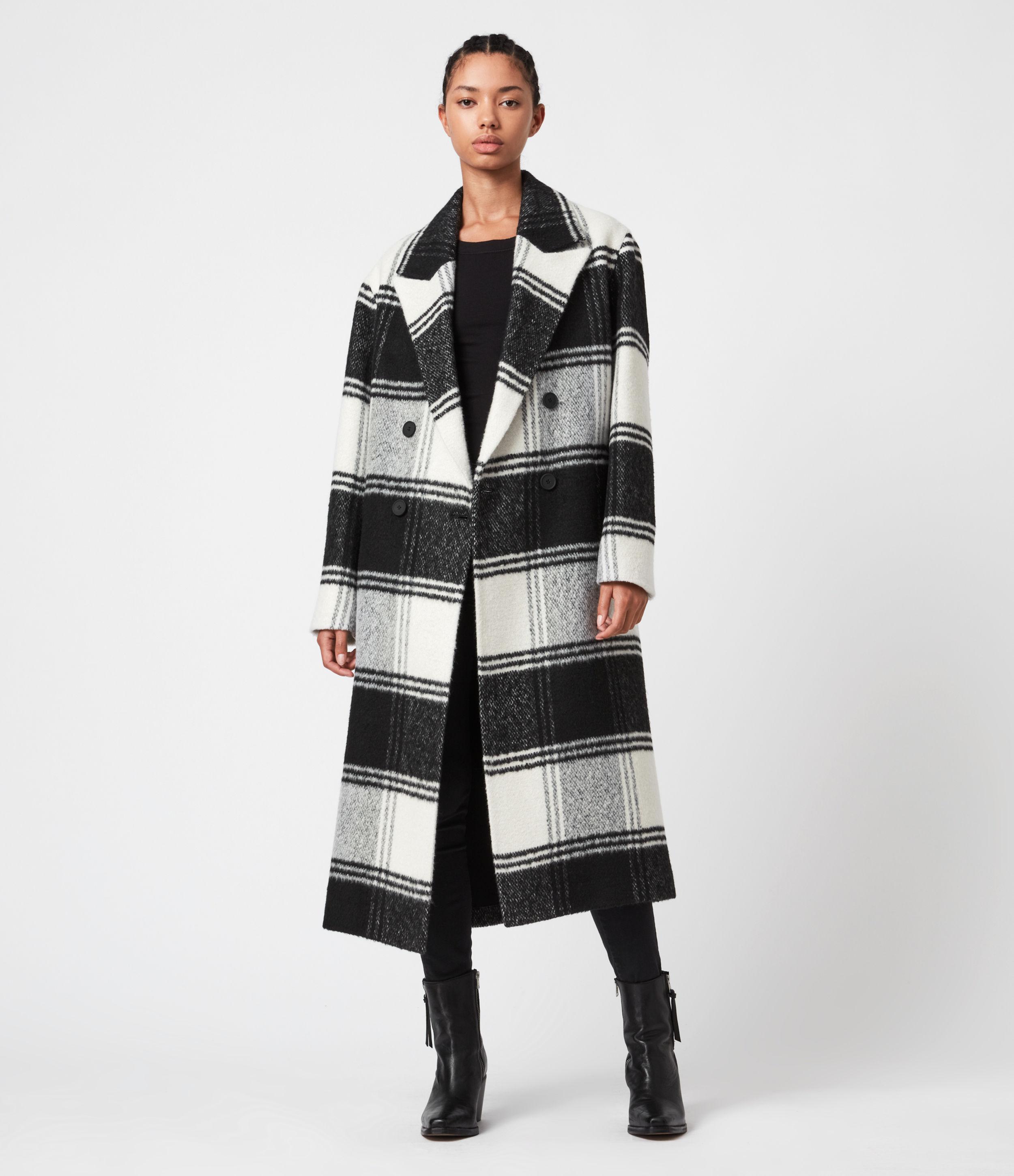 black white check coat