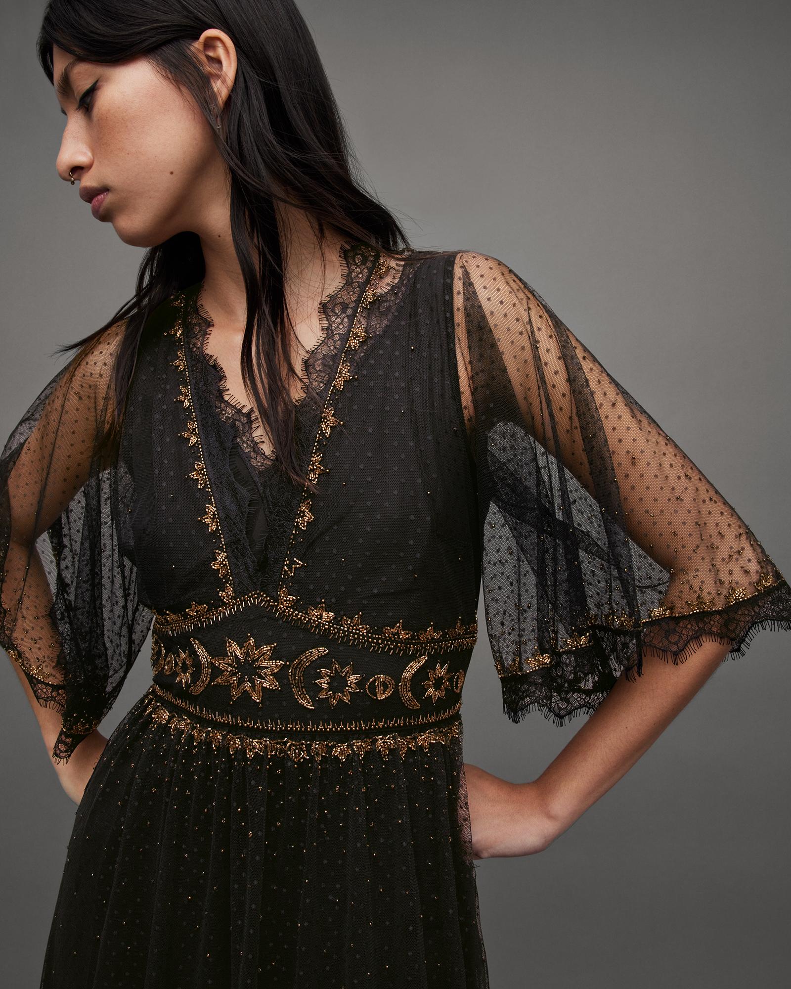 allsaints beaded dress Vintage All Saints Hand Embellished Black Beaded Mini Camisole Sheath – Brie
