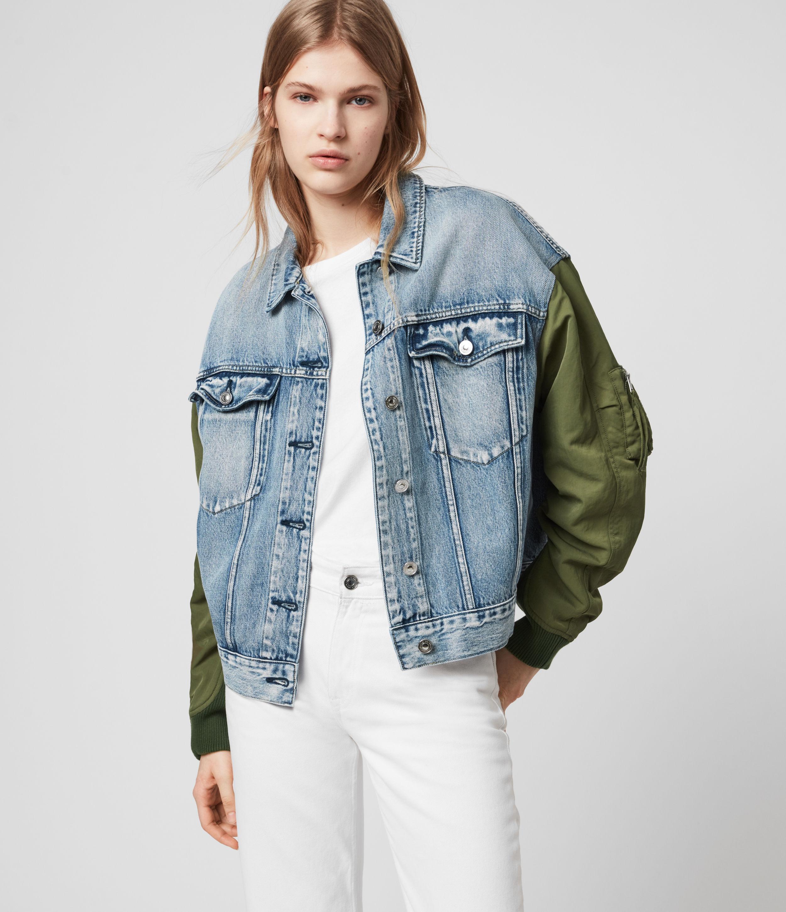 AllSaints Women's Cotton Relaxed Fit Frankie Denim Bomber Jacket in Indigo Blue (Blue) Lyst