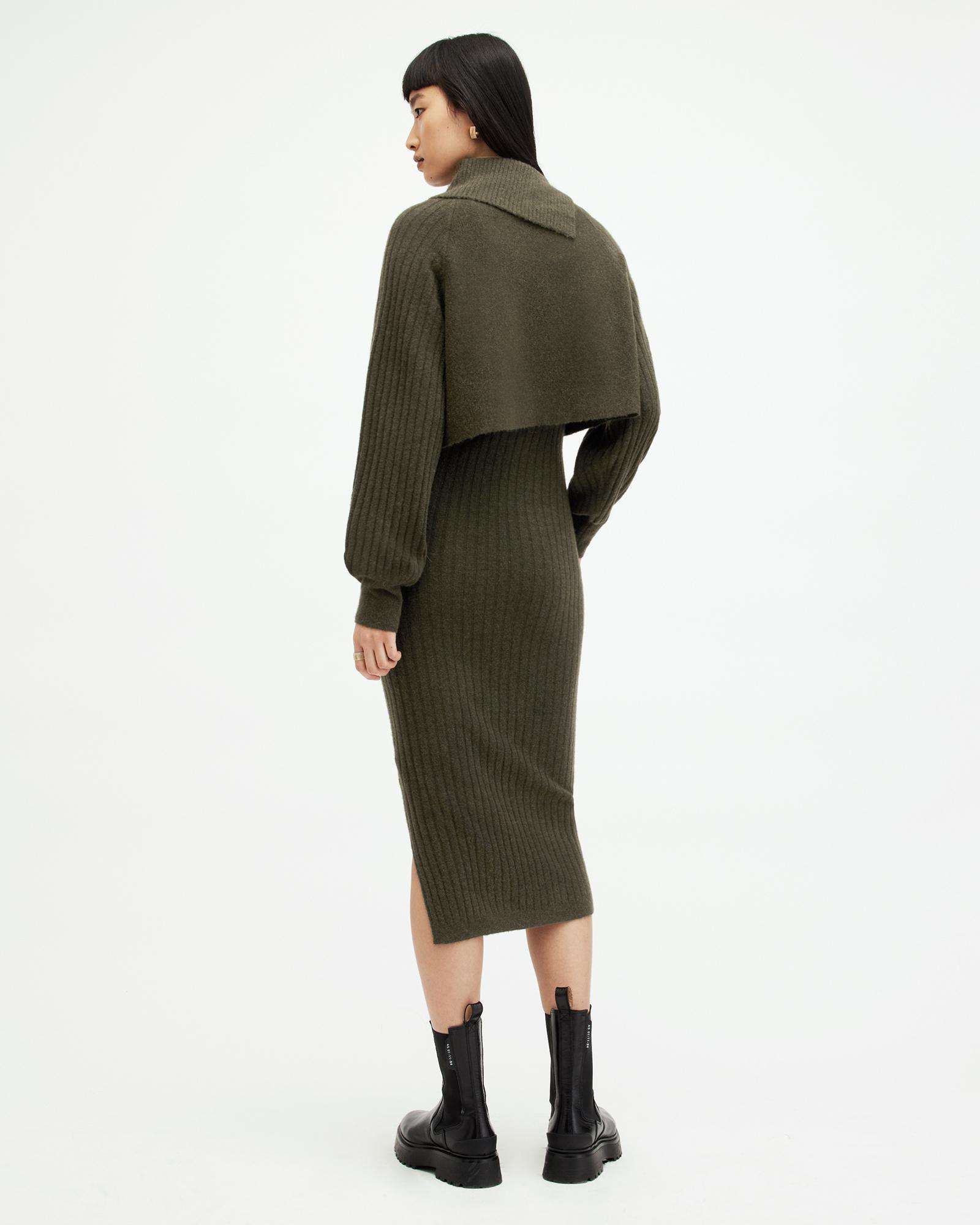 AllSaints Margetta 2-In-1 Ribbed Midi Dress in Green | Lyst