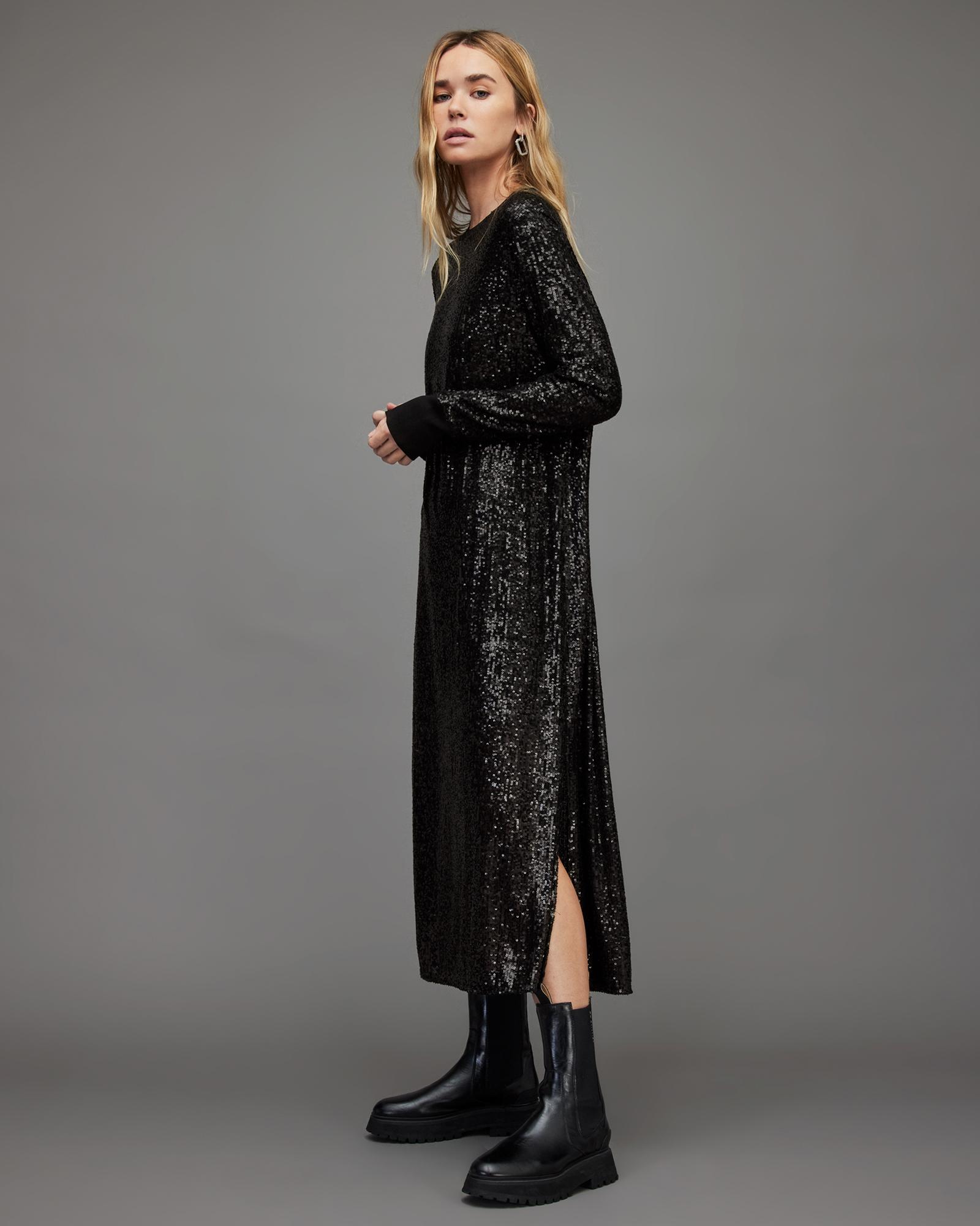 AllSaints Juela Crew Neck Sequin Midi Dress in Black | Lyst UK
