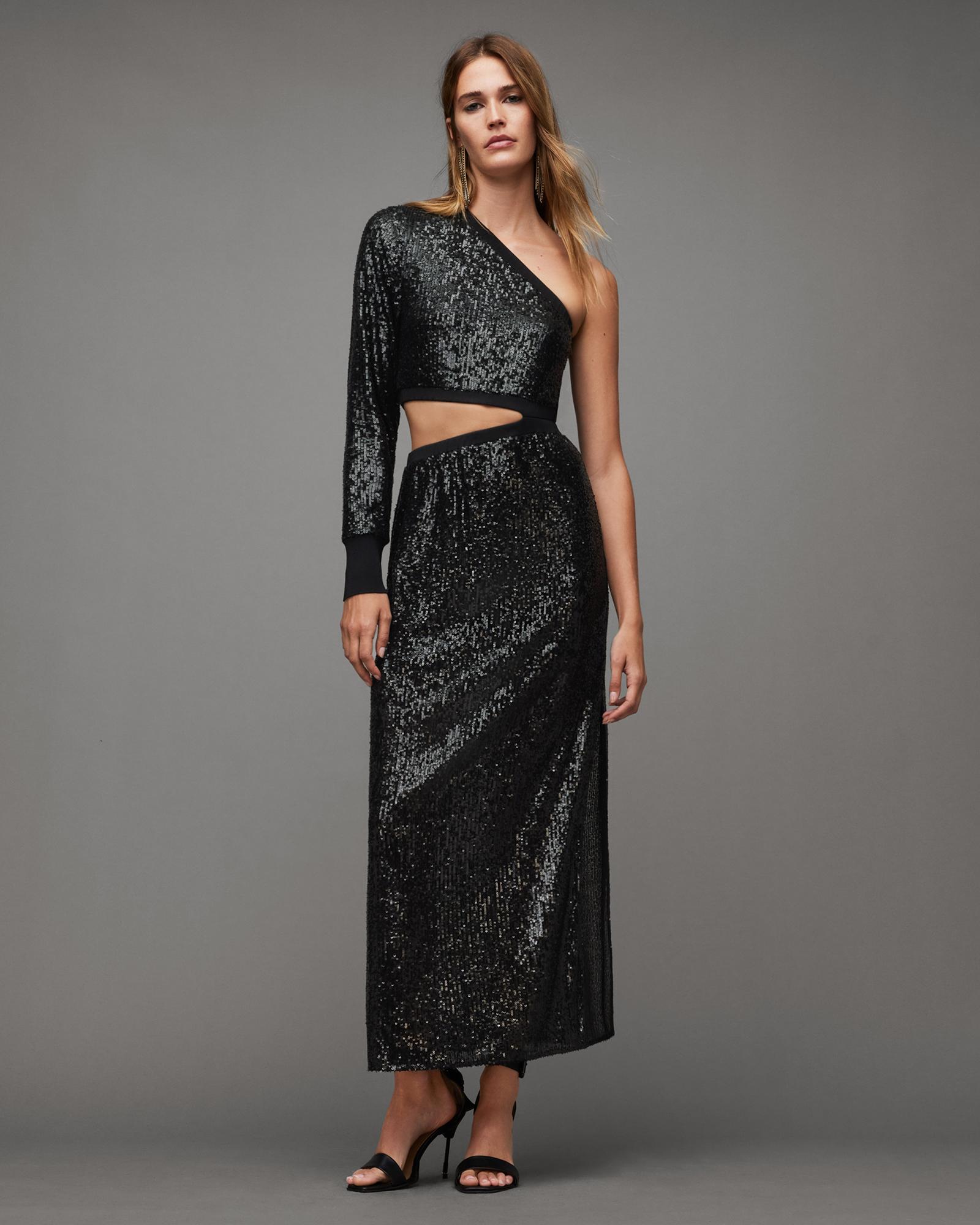 AllSaints Daisy Topaz Sequin Cut Out Maxi Dress in Green | Lyst