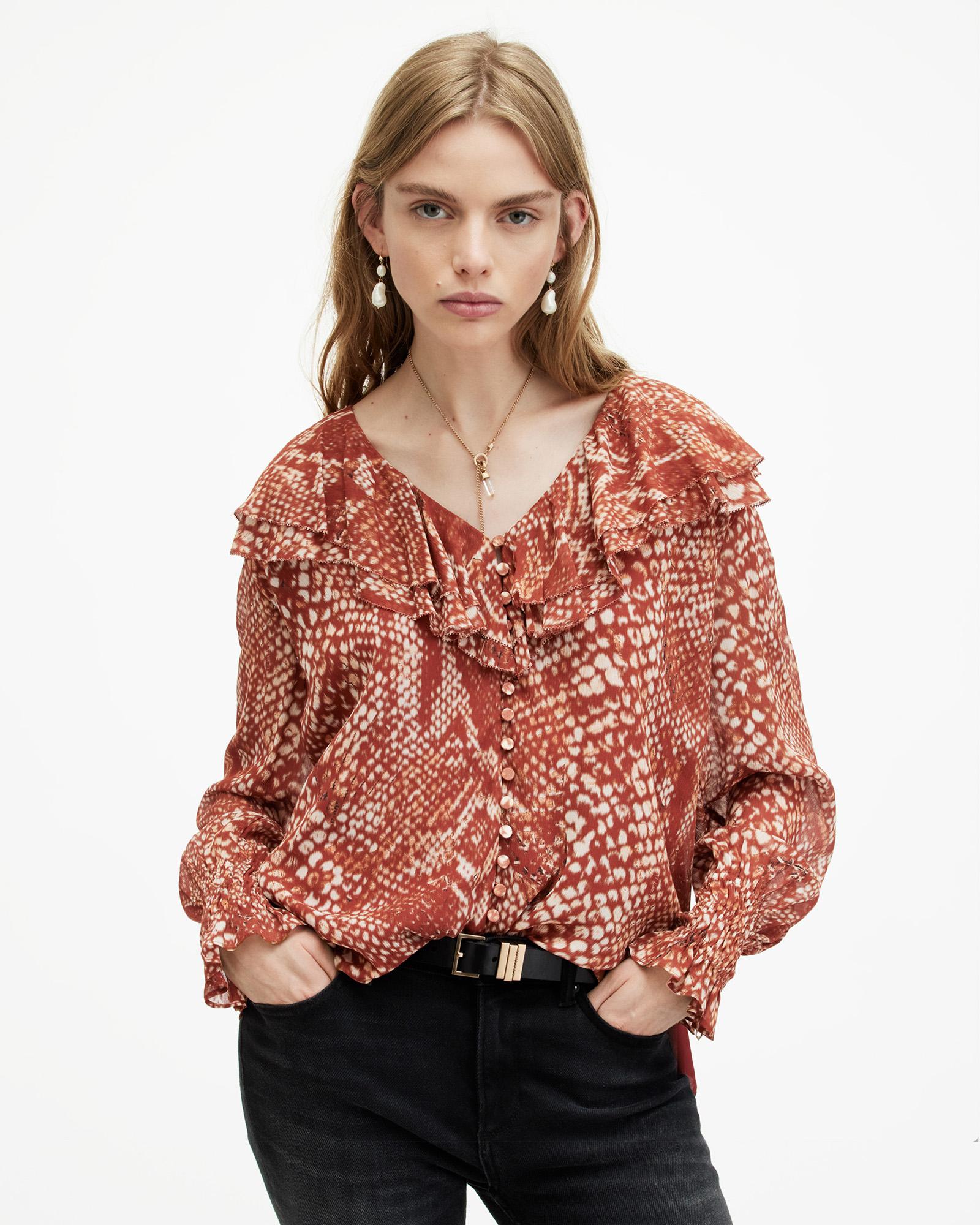 AllSaints Phoebe Waimea Animal Print Frill Top in Red Lyst Canada