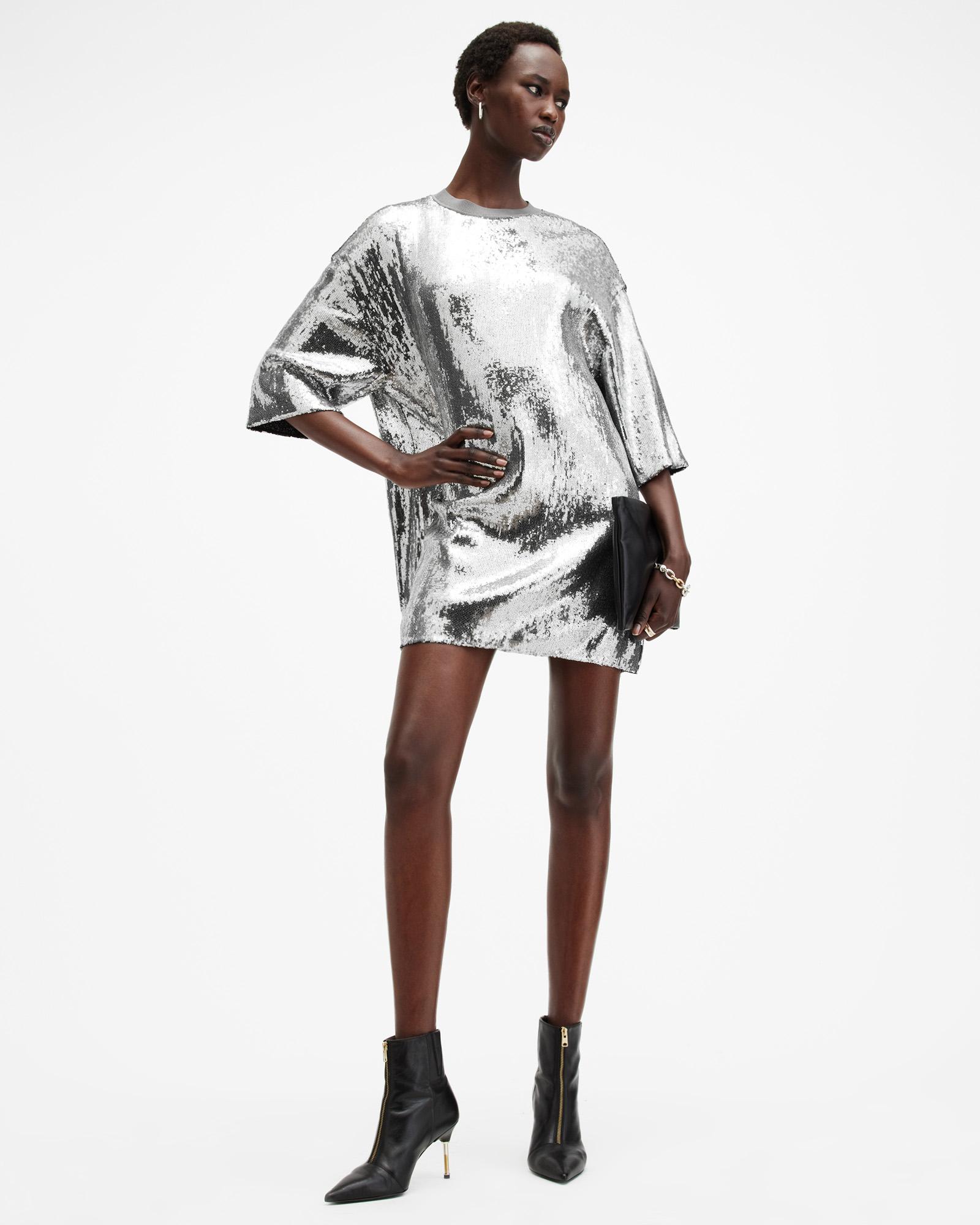 allsaints opal sequin mini dress AllSaints Opal Sequin T-Shirt Mini Logo Dress in Grey