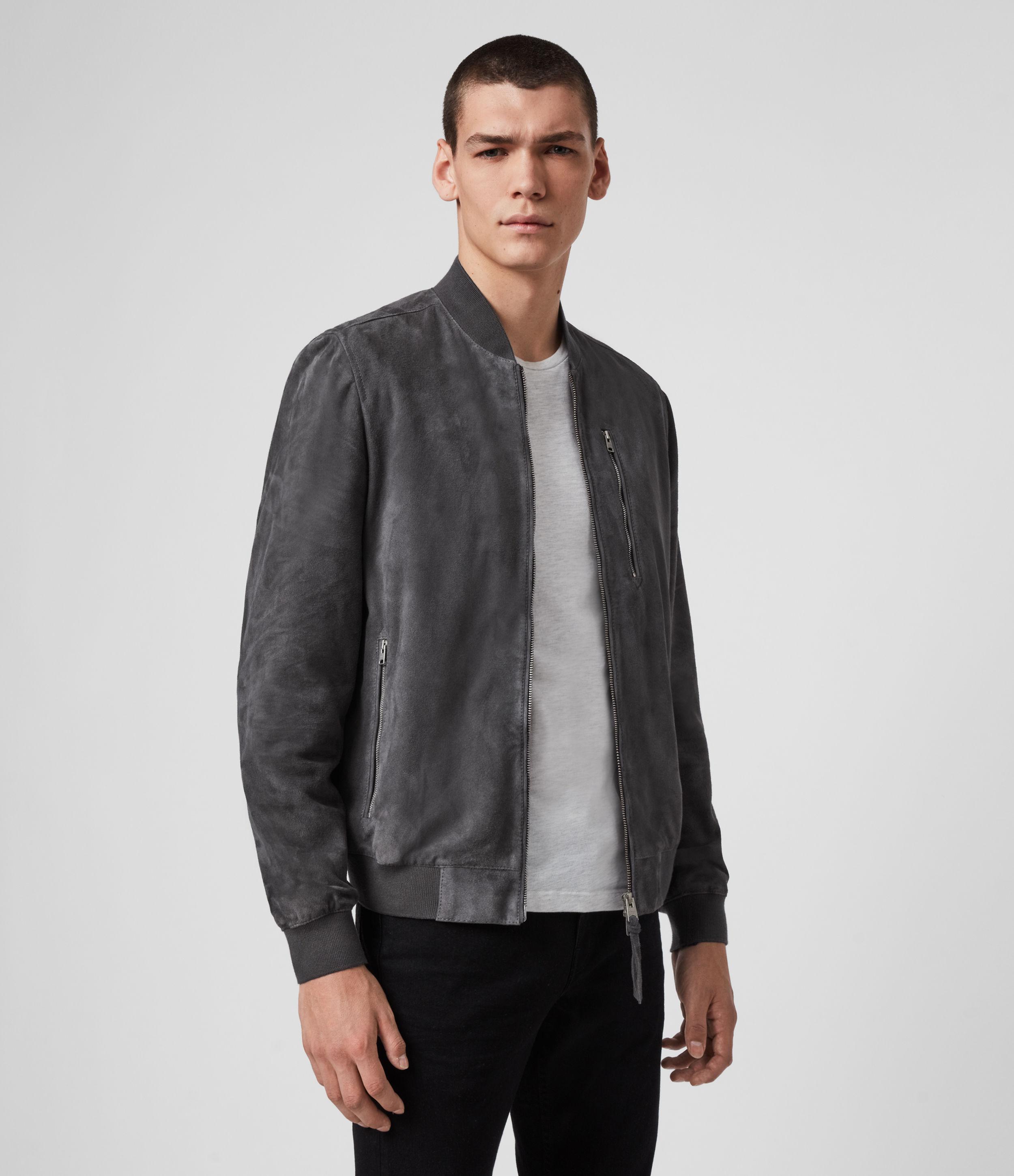 AllSaints Kemble Suede Bomber Jacket in Gray for Men Lyst