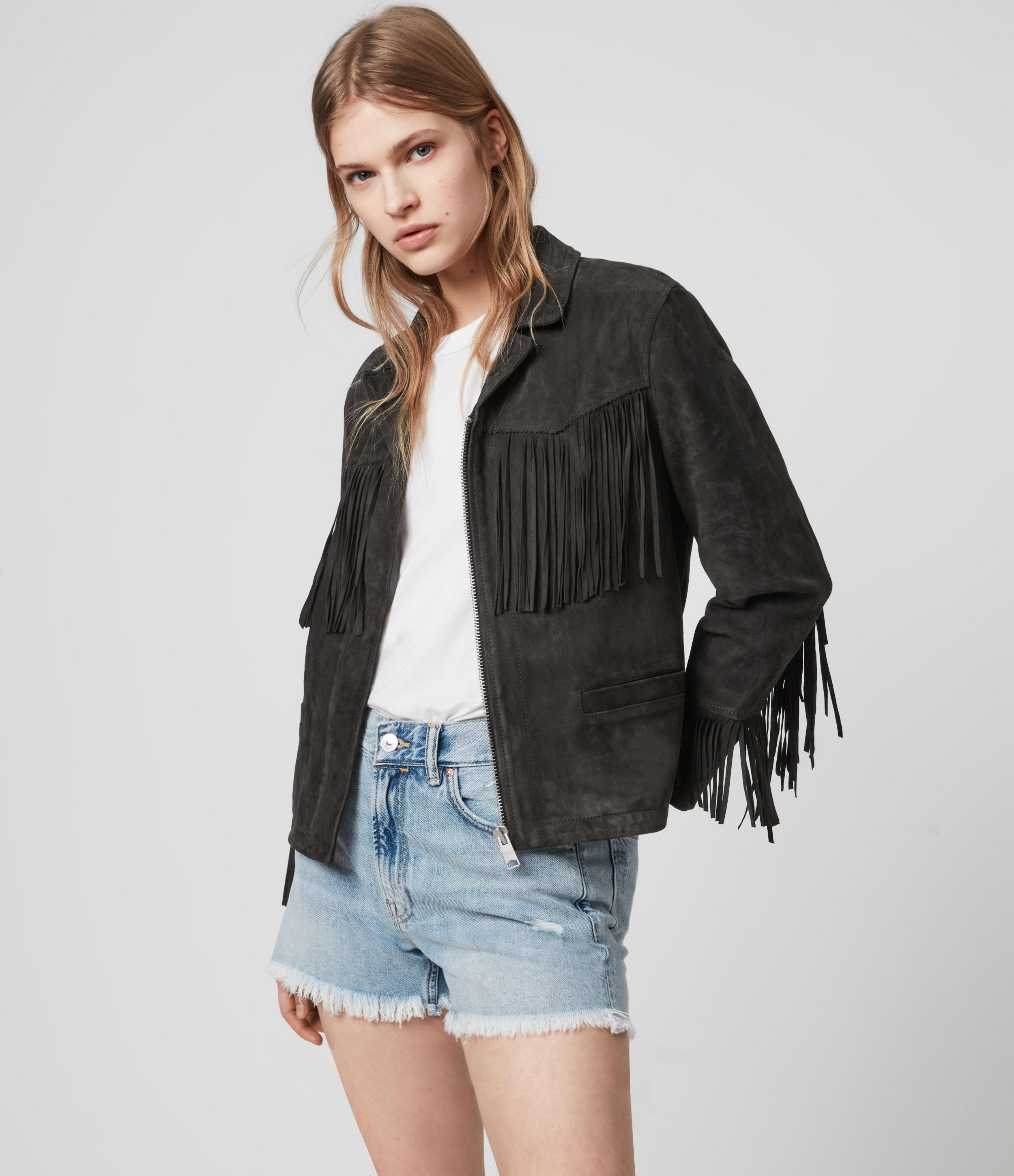 AllSaints Mina Suede Tassel Jacket in Black | Lyst