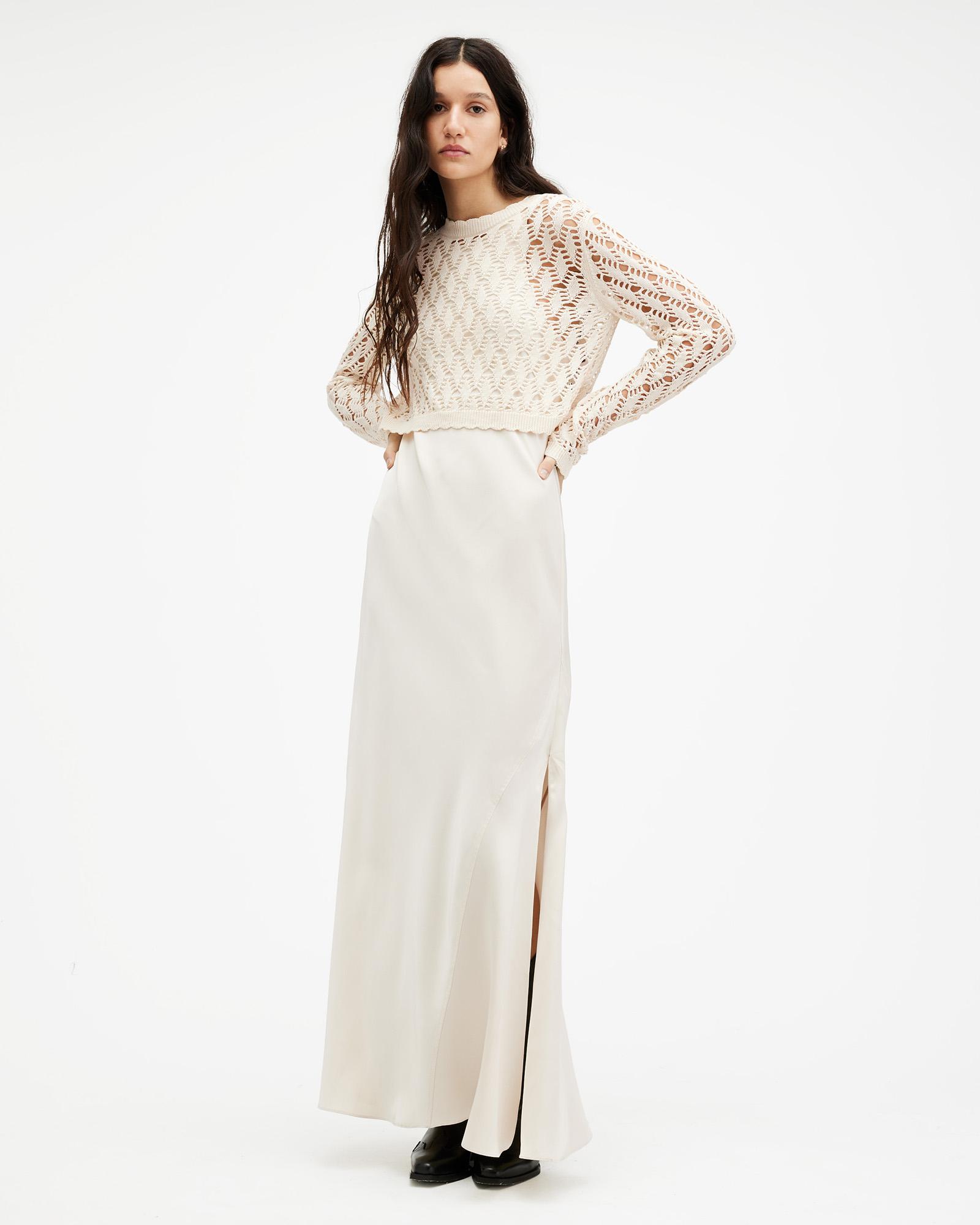 Satin Maxi Dress And Sweater Strokes Mocha Long Sleeve Plunge