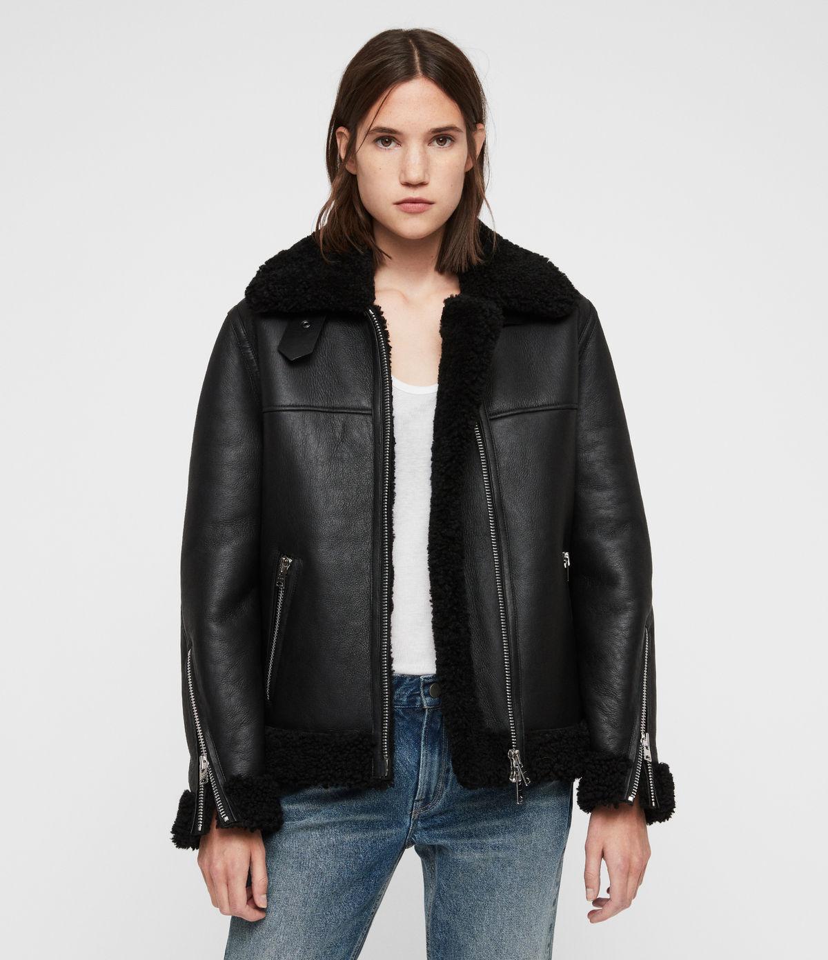 all saints black shearling jacket