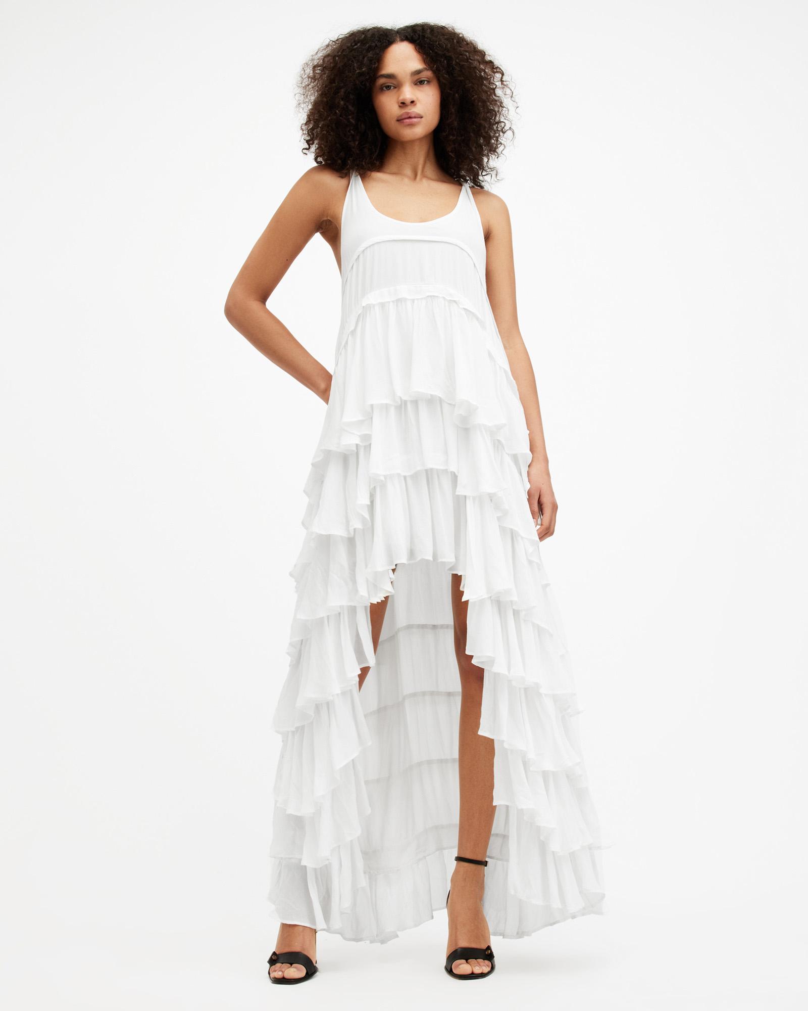 shoes for dark green dress White Ruffle Trim Maternity Maxi Dress – PinkBlush main image 0