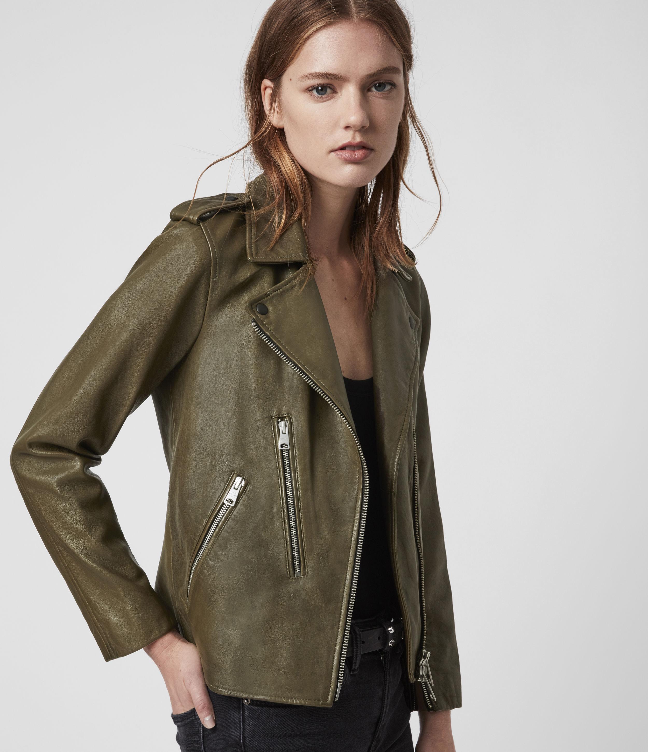 AllSaints Elva Leather Biker Jacket in Green | Lyst