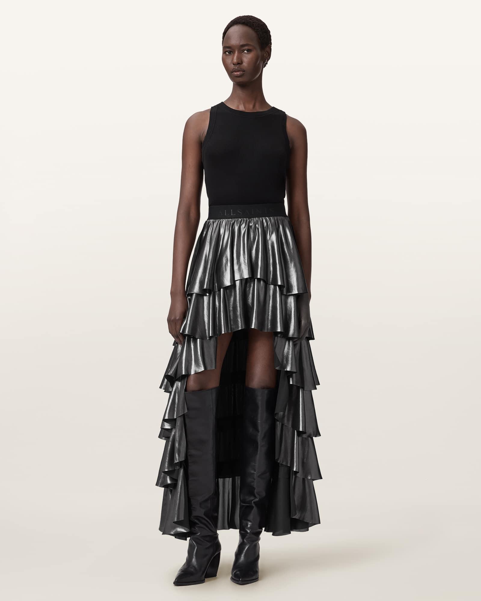 AllSaints Polyester Cavarly Metallic Maxi Skirt, /Us 2 in Black 