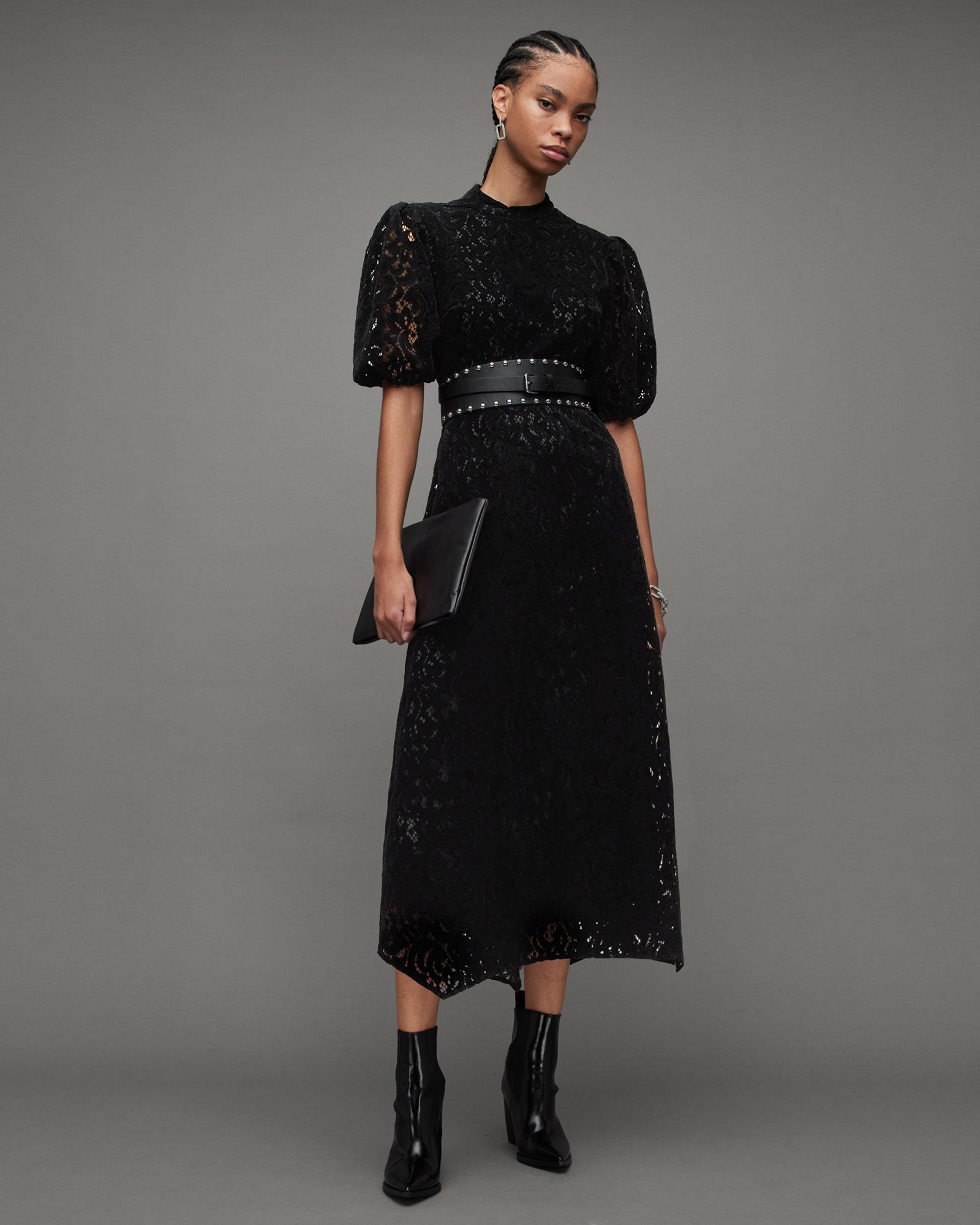 AllSaints Camila High Neck Lace Asymmetric Dress in Black | Lyst