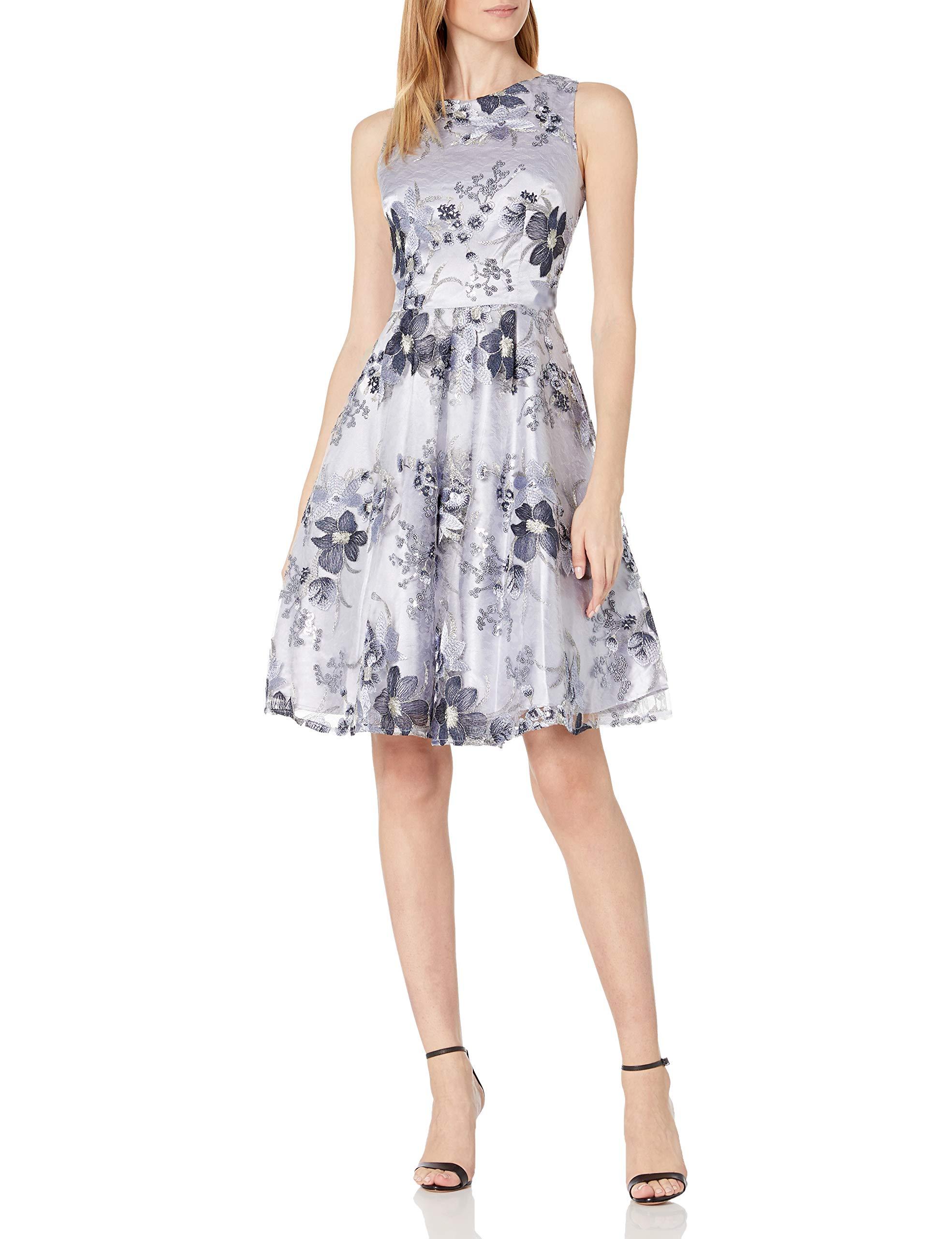 Tahari Ballet Neck Fit And Flare Pleated Dress in Ice Blue Silver (Blue