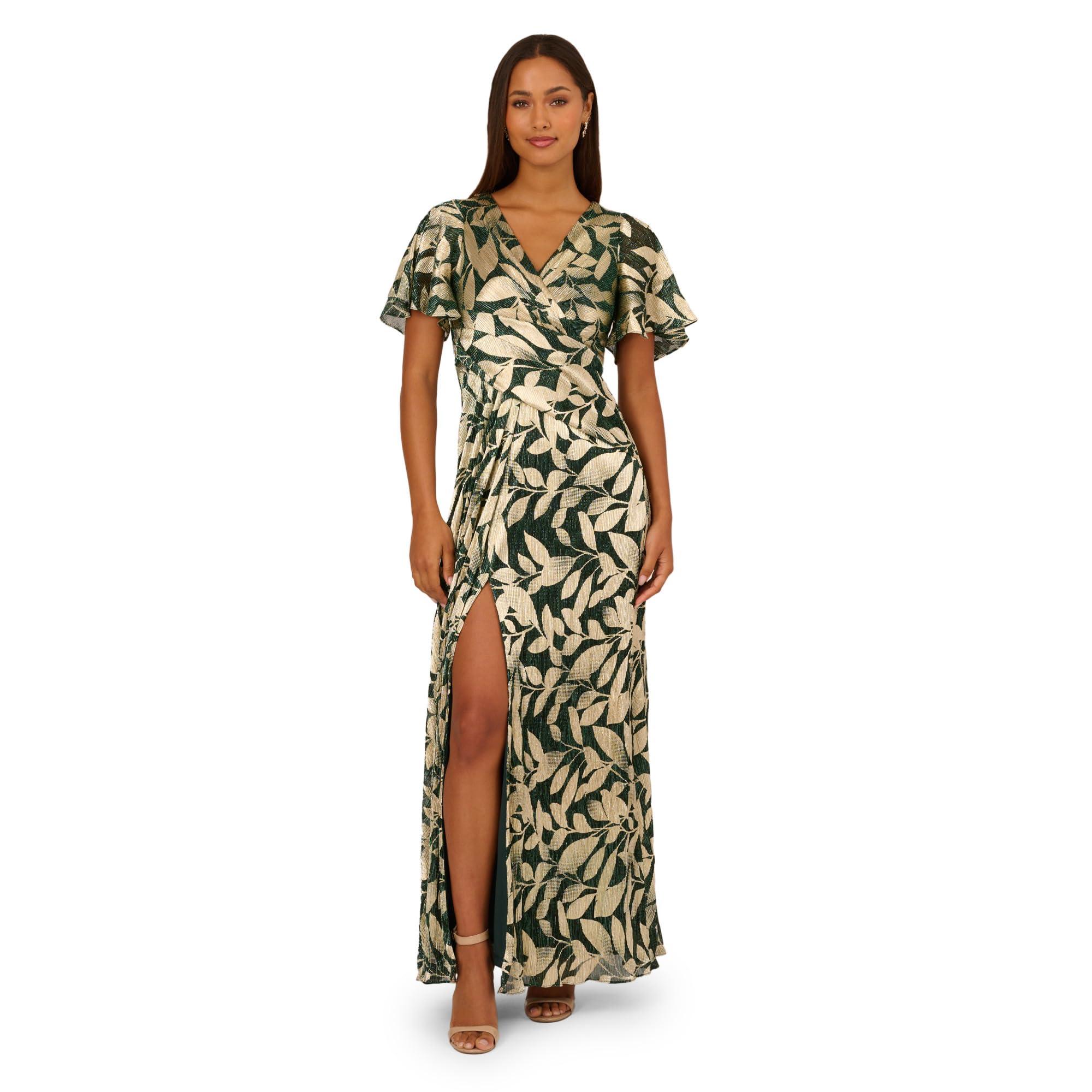 Adrianna Papell Women's Long Sleeve Foiled Jersey Dress | Metallic Blouson Dress | V-Neck Evening Dress - View #2
