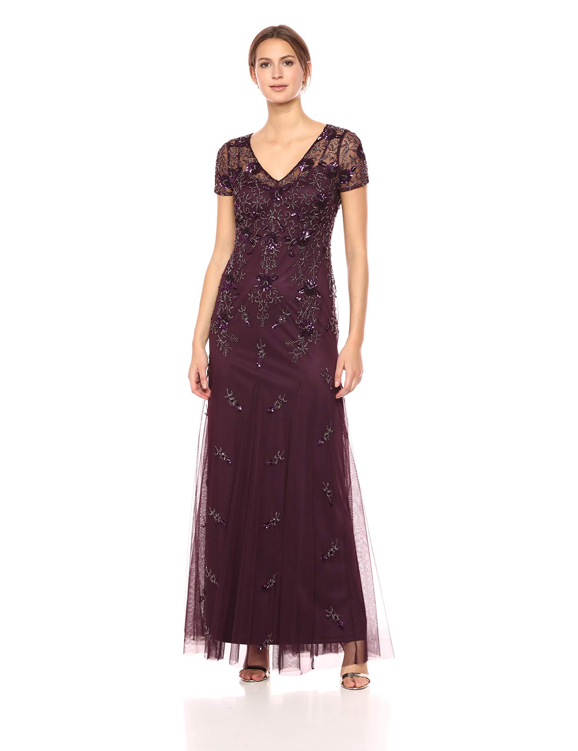 adrianna papell floral beaded godet gown night plum