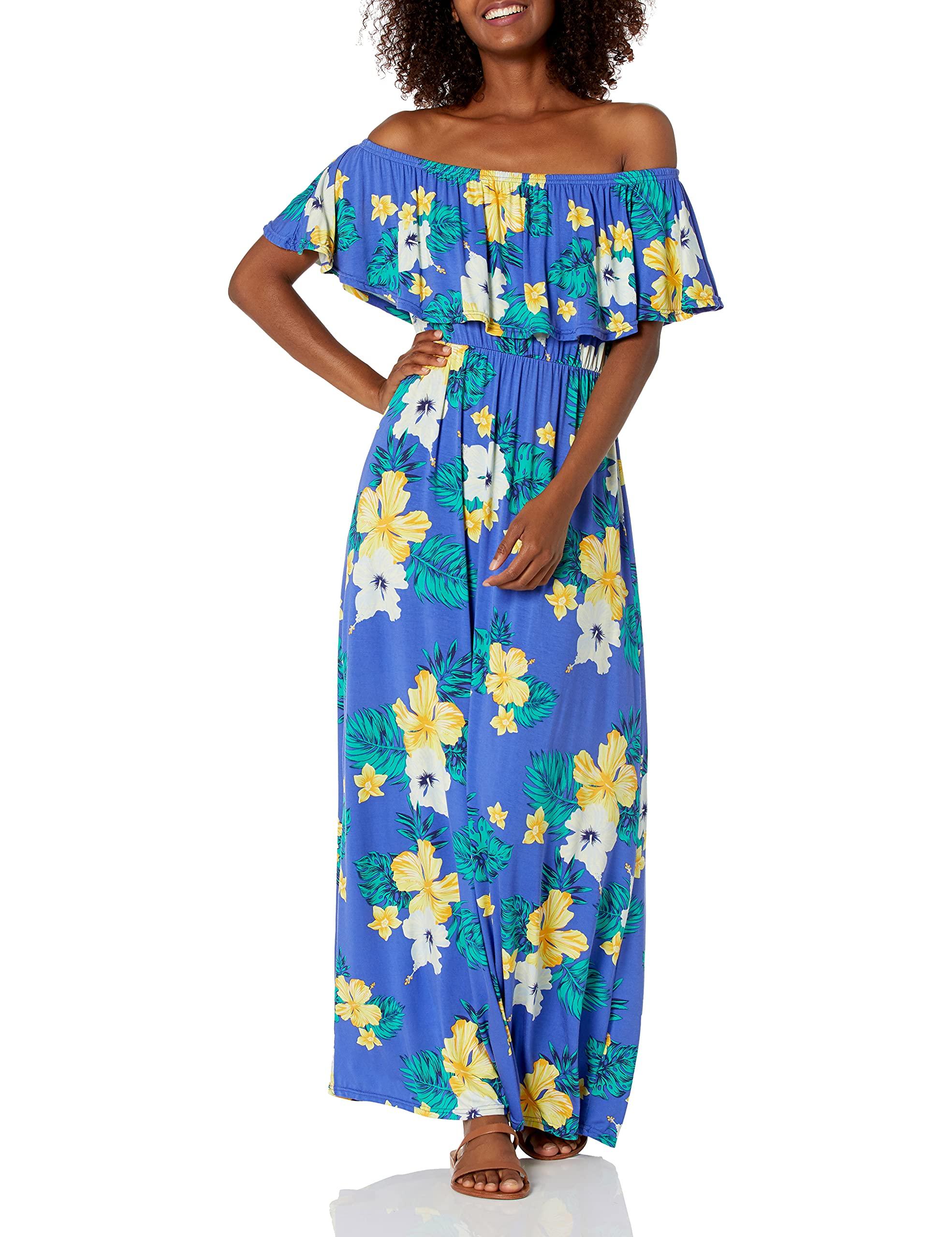28 Palms Tropical Print Off Shoulder Maxi Dress in Blue | Lyst
