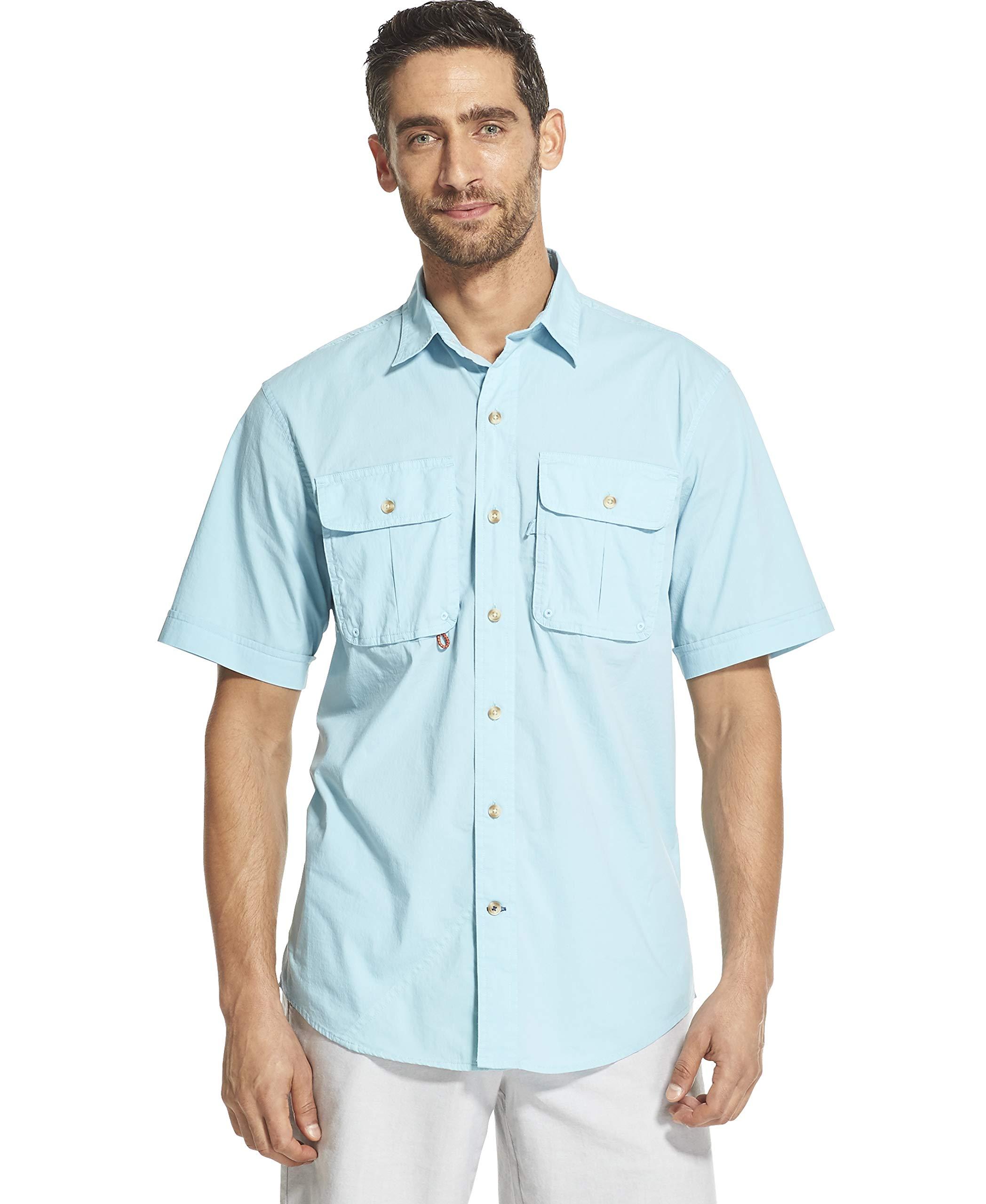 Izod Surfcaster Short Sleeve Button Down Solid Fishing Shirt in