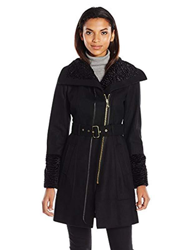 Guess Melton Wool Zip Coat With Faux Fur Collar And Cuff in Black - Lyst
