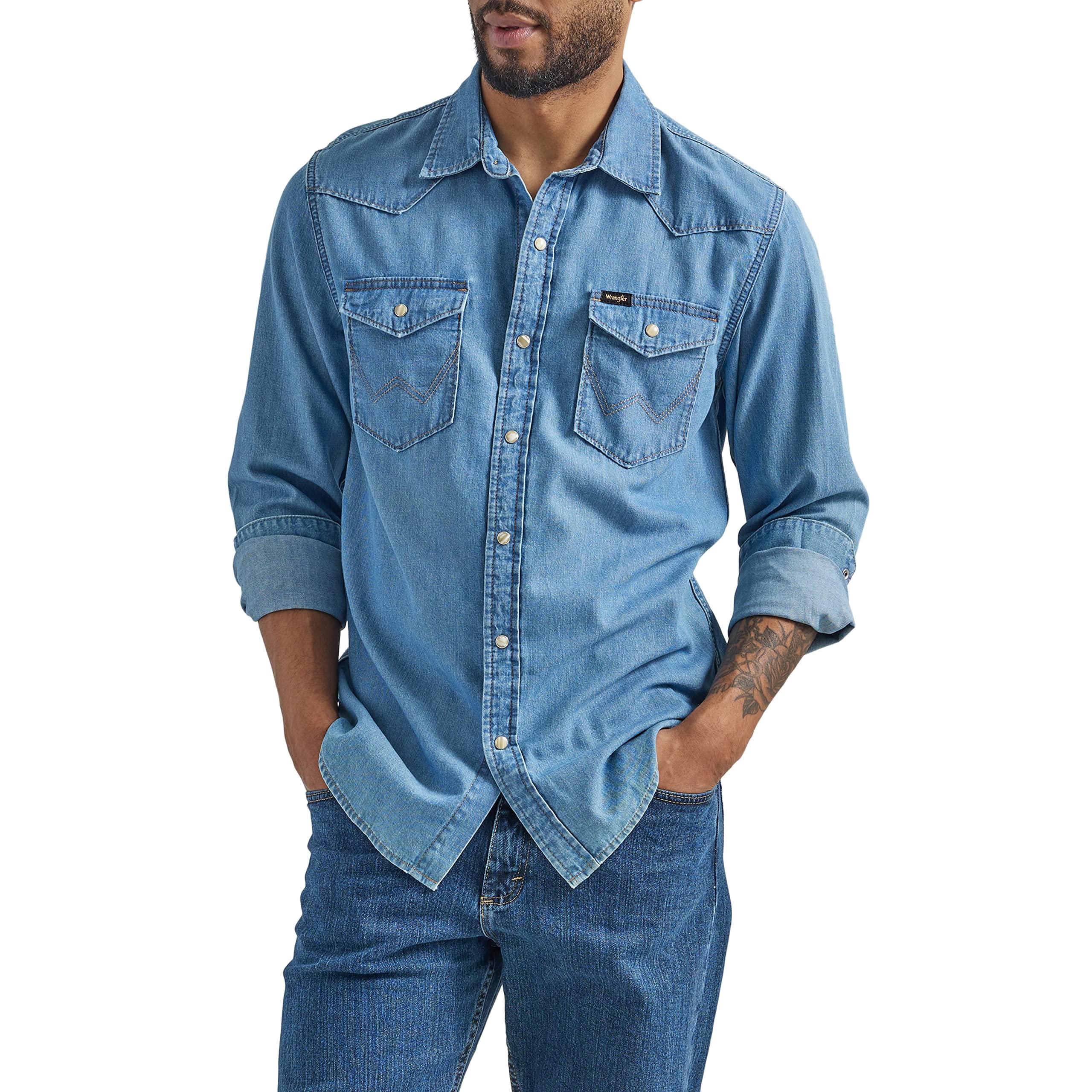 Wrangler Iconic Denim Regular Fit Snap Shirt in Blue for Men | Lyst
