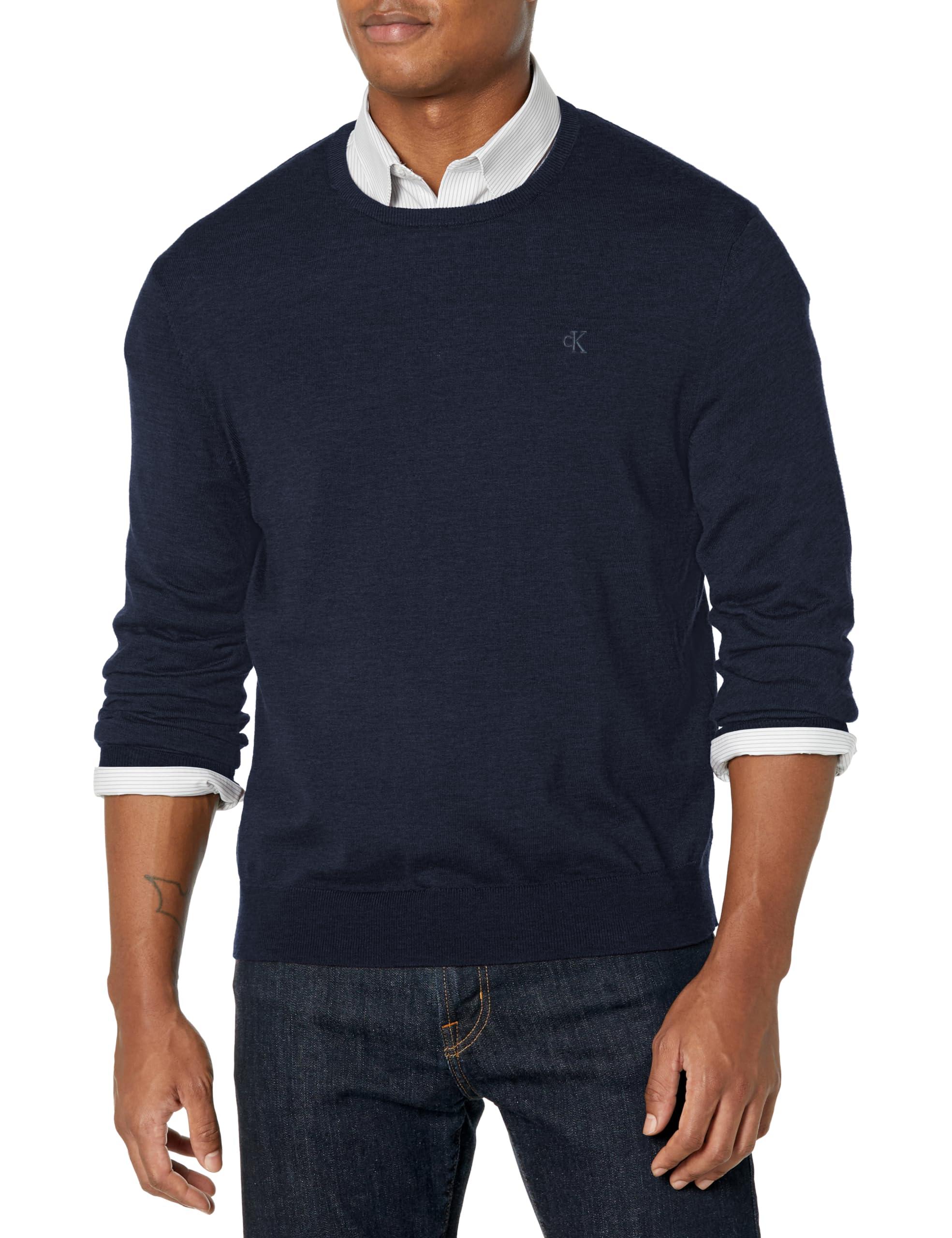 Calvin Klein Men's Merino Wool Blend Crewneck Sweater, Gray Blue Heather,  Small at  Men's Clothing store