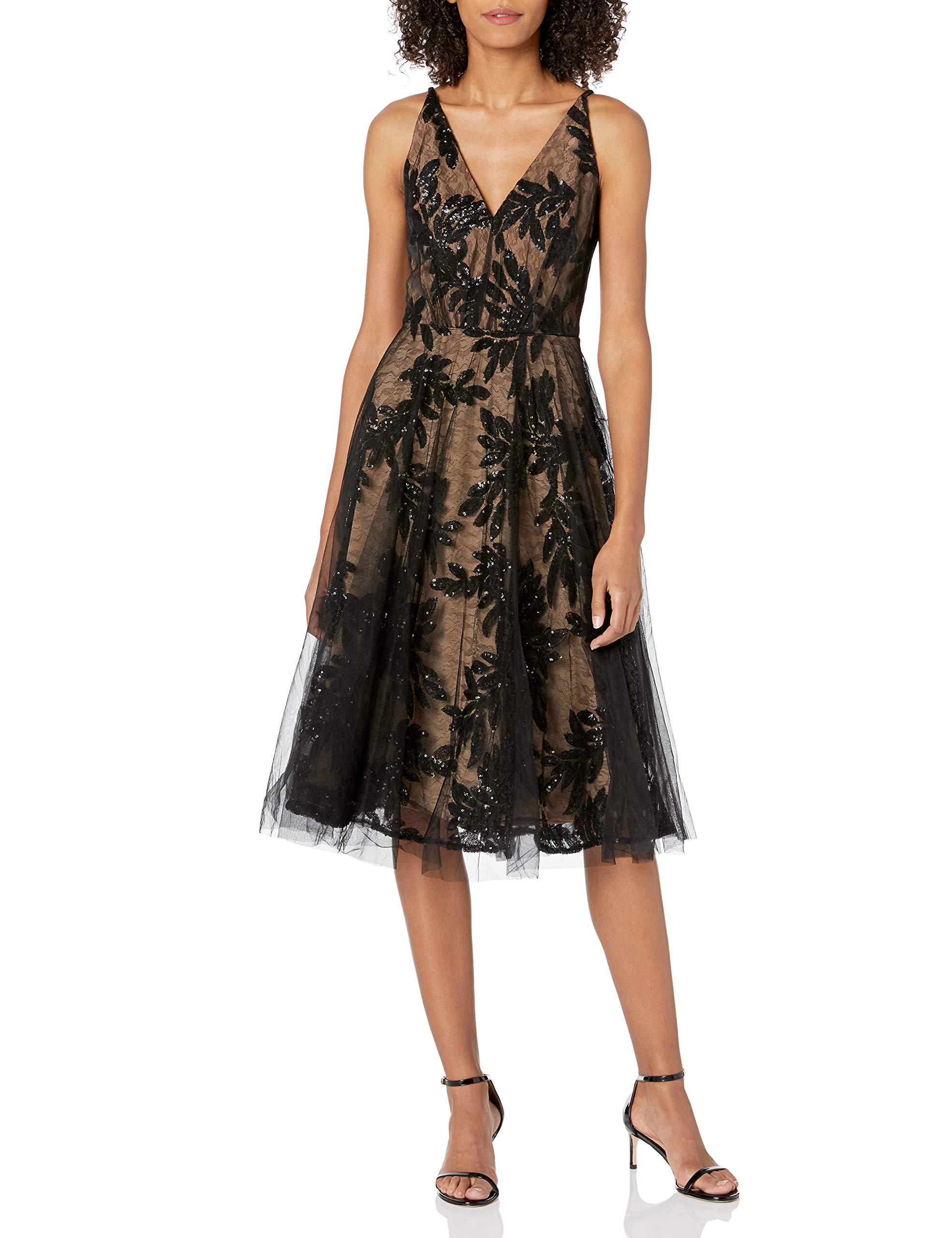 Dress the Population Courtney Sleeveless Veiled Fit u0026 Flare Midi Dress  -blacknude | Lyst