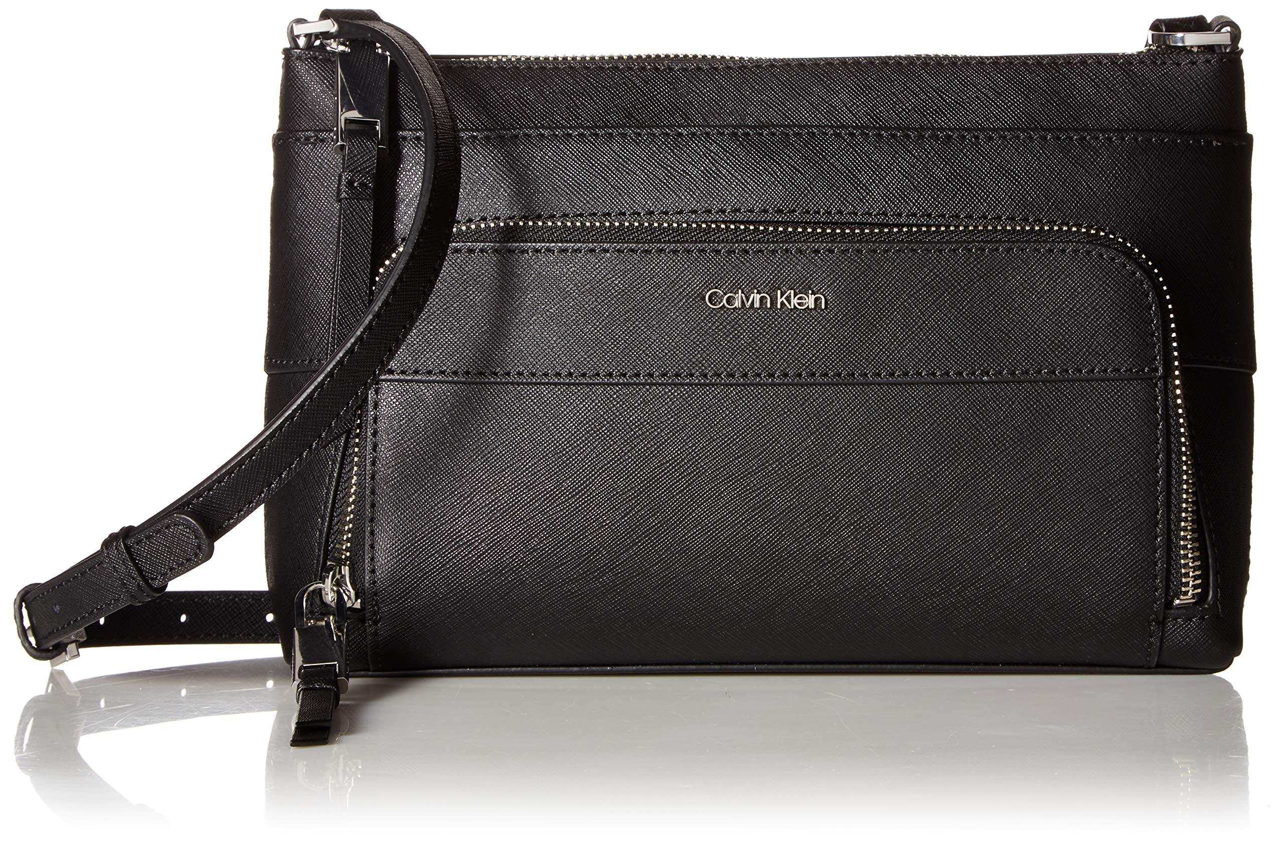 Calvin Klein Lily Saffiano Leather Top Zip Crossbody in Black/Silver ...