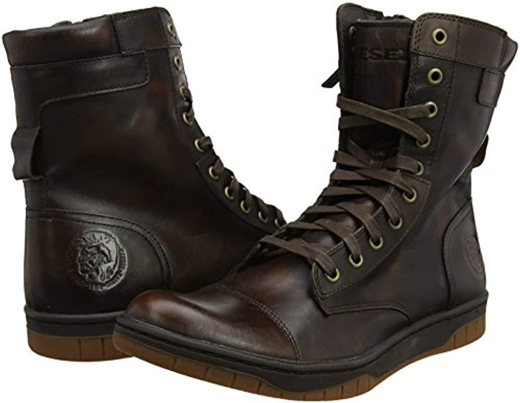 DIESEL Leather Tatradium Basket Butch Zip Combat Boot, Coffee Bean, 8.5