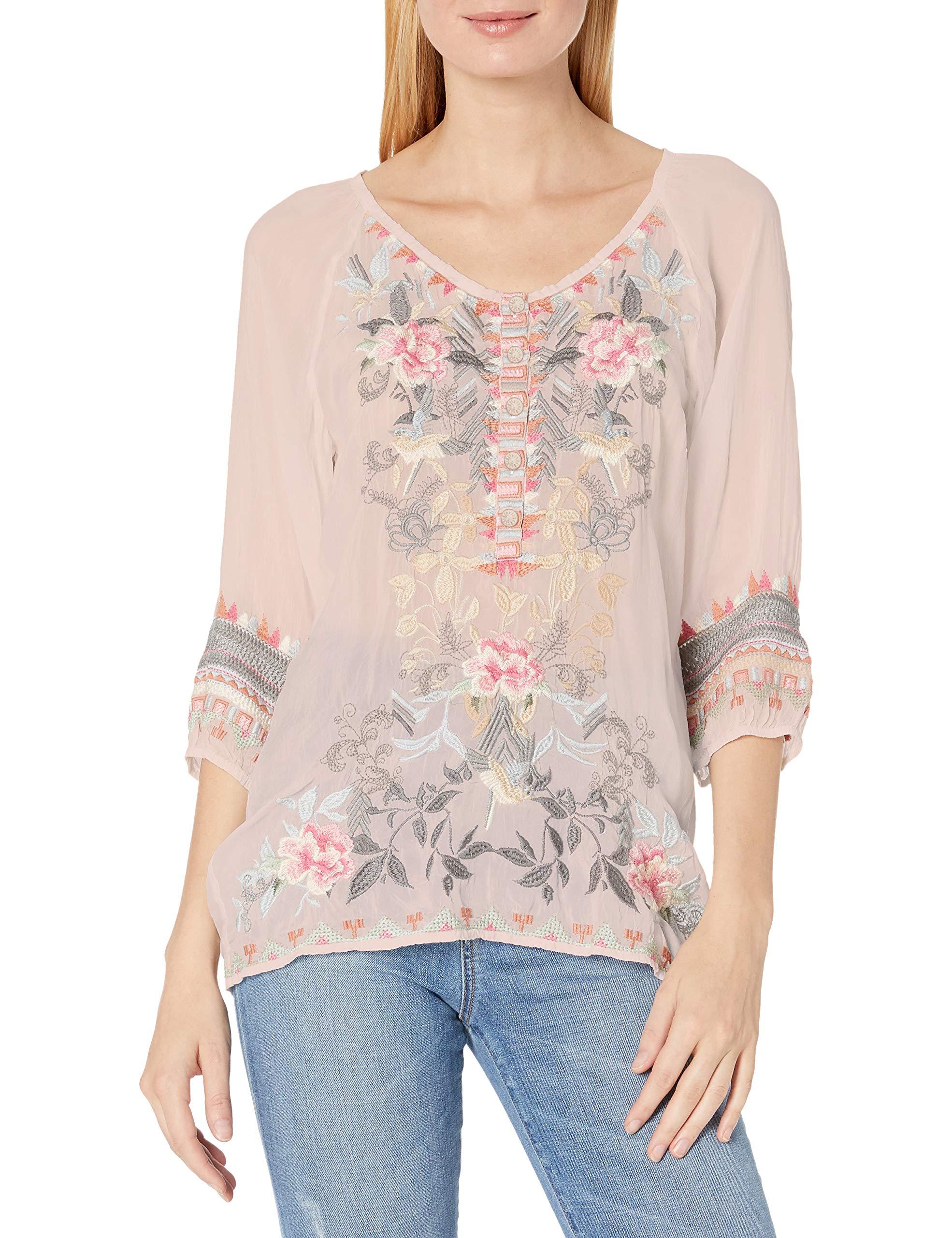 Johnny Was Scoop Neck Peasant Blouse With Contrast Embroidery in Dusty