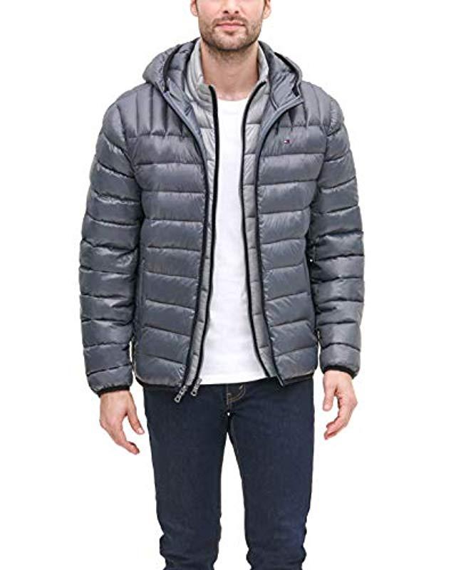 tommy hilfiger men's insulated packable jacket contrast bib hood