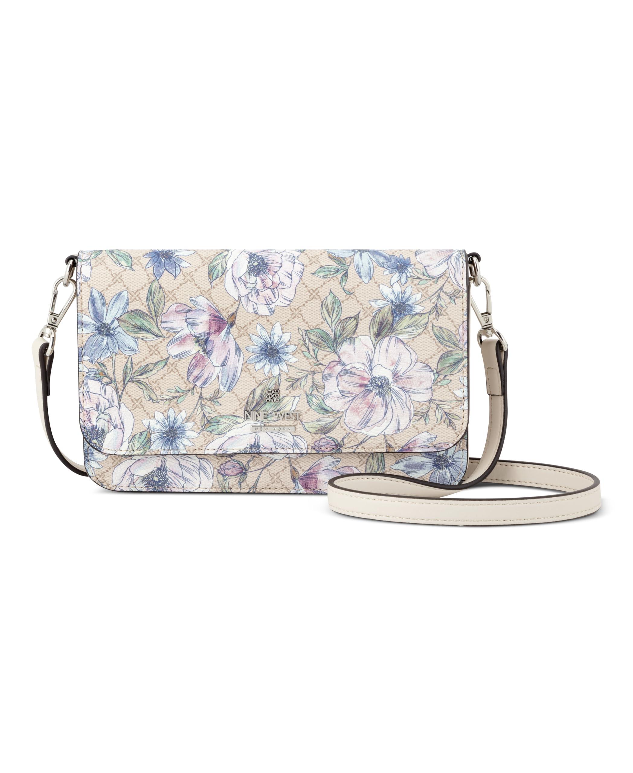 Nine West Women's Jorie Mini Jet Set Crossbody Bag - Floral Logo Milk Color, Adjustable Strap
