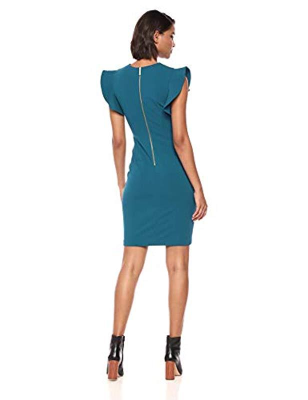Calvin Klein Solid Sheath With Ruffle Cap Sleeve Dress, Cypress, 6 in Blue  | Lyst