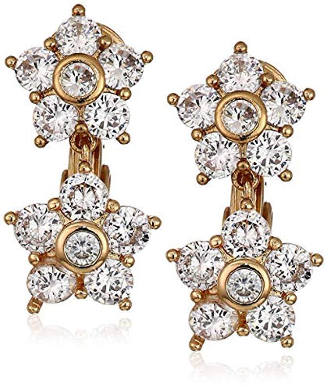 Napier Gold Crystal Cz Double Drop Ez Comfort Clip Earrings In