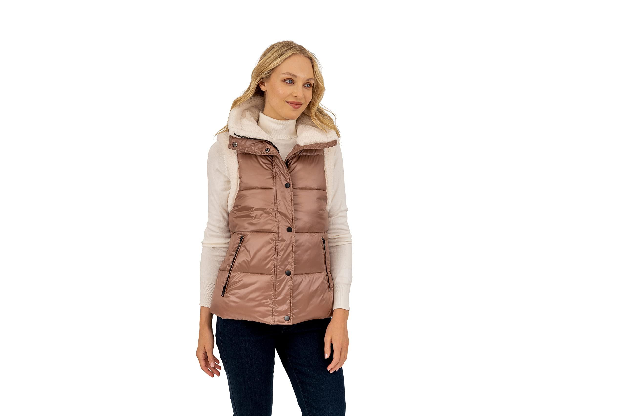 Womens puffer vest top with faux fur trim