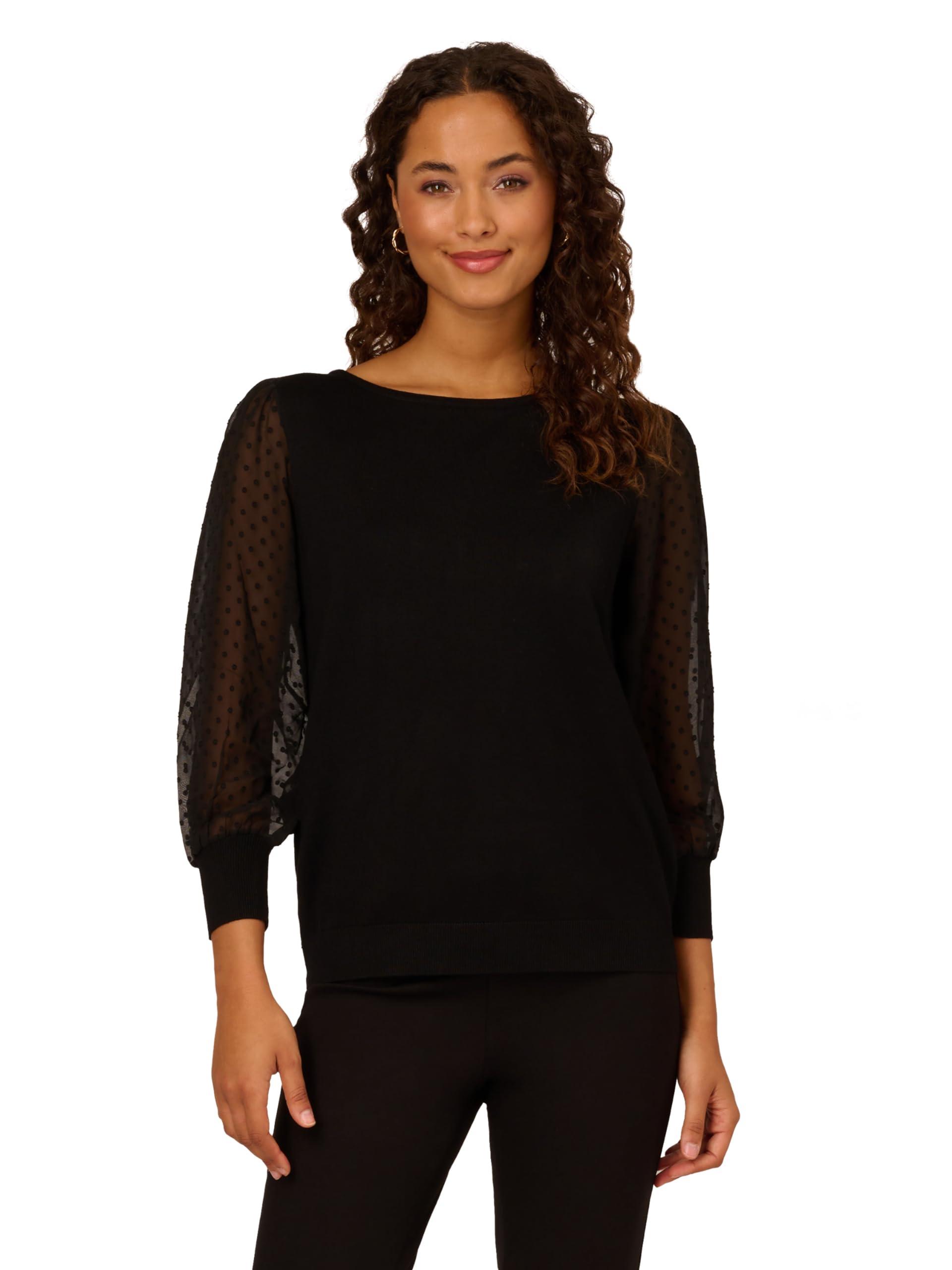 Adrianna Papell Bateau Neck Clip Dot 3/4 Sleeve Sweater in Black | Lyst