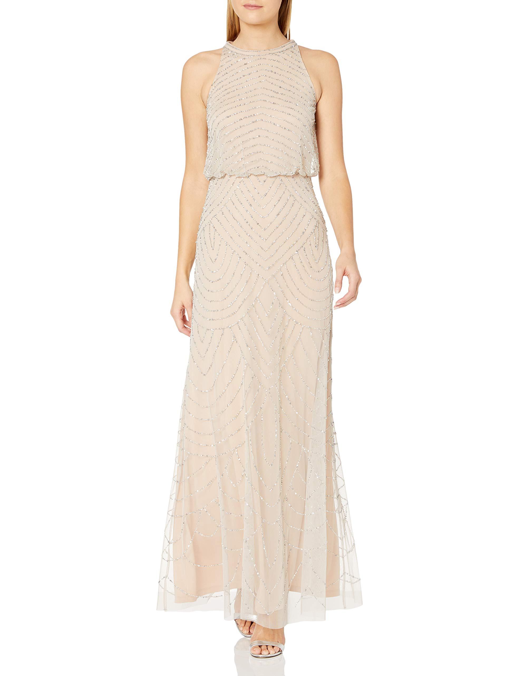 Adrianna Papell Halter Art Deco Beaded Blouson Dress in Silver/Nude  (Metallic) - Save 51% | Lyst