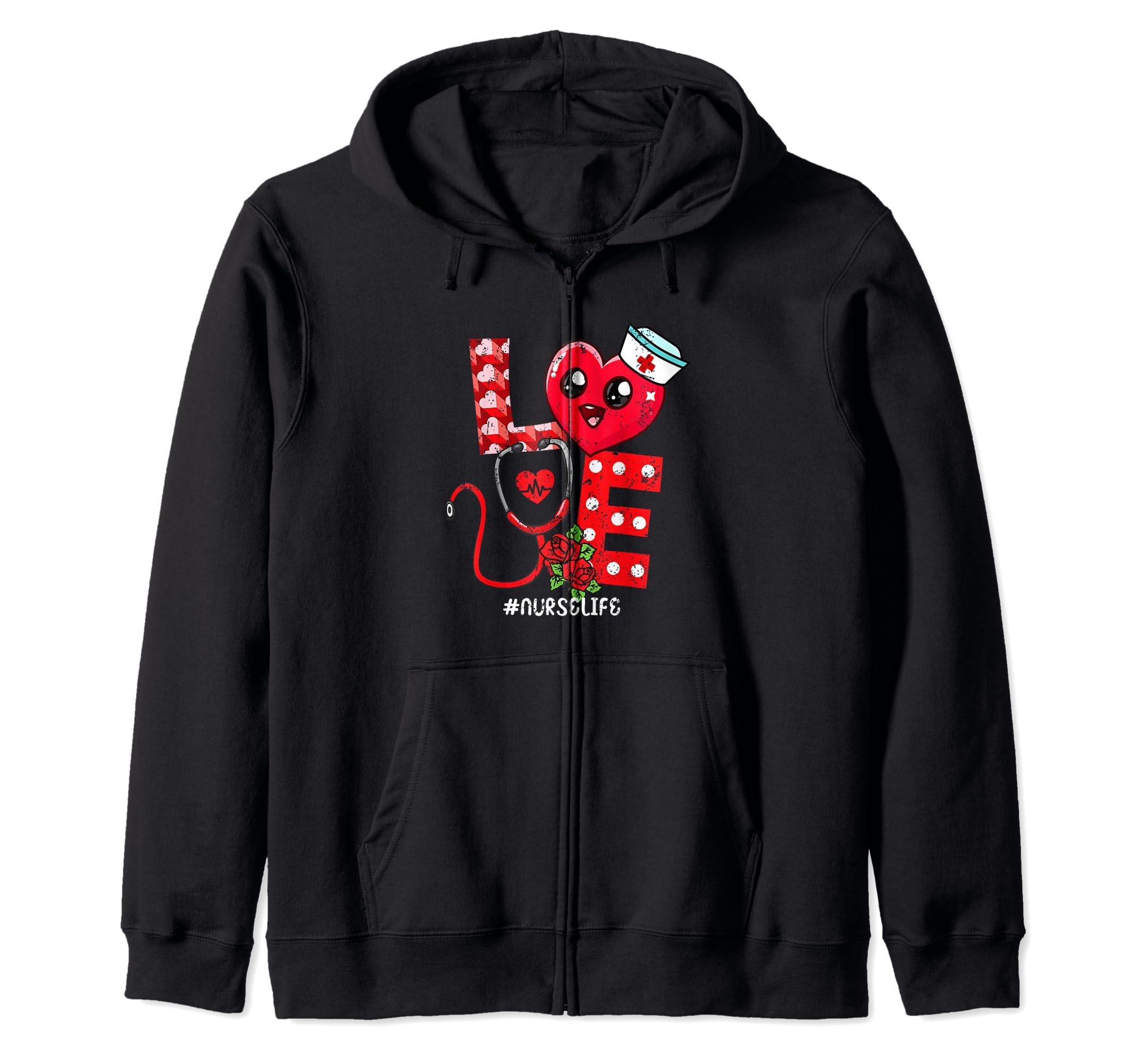 Caterpillar Love Heart Stethoscope Nurse Life Valentines Day Zip Hoodie