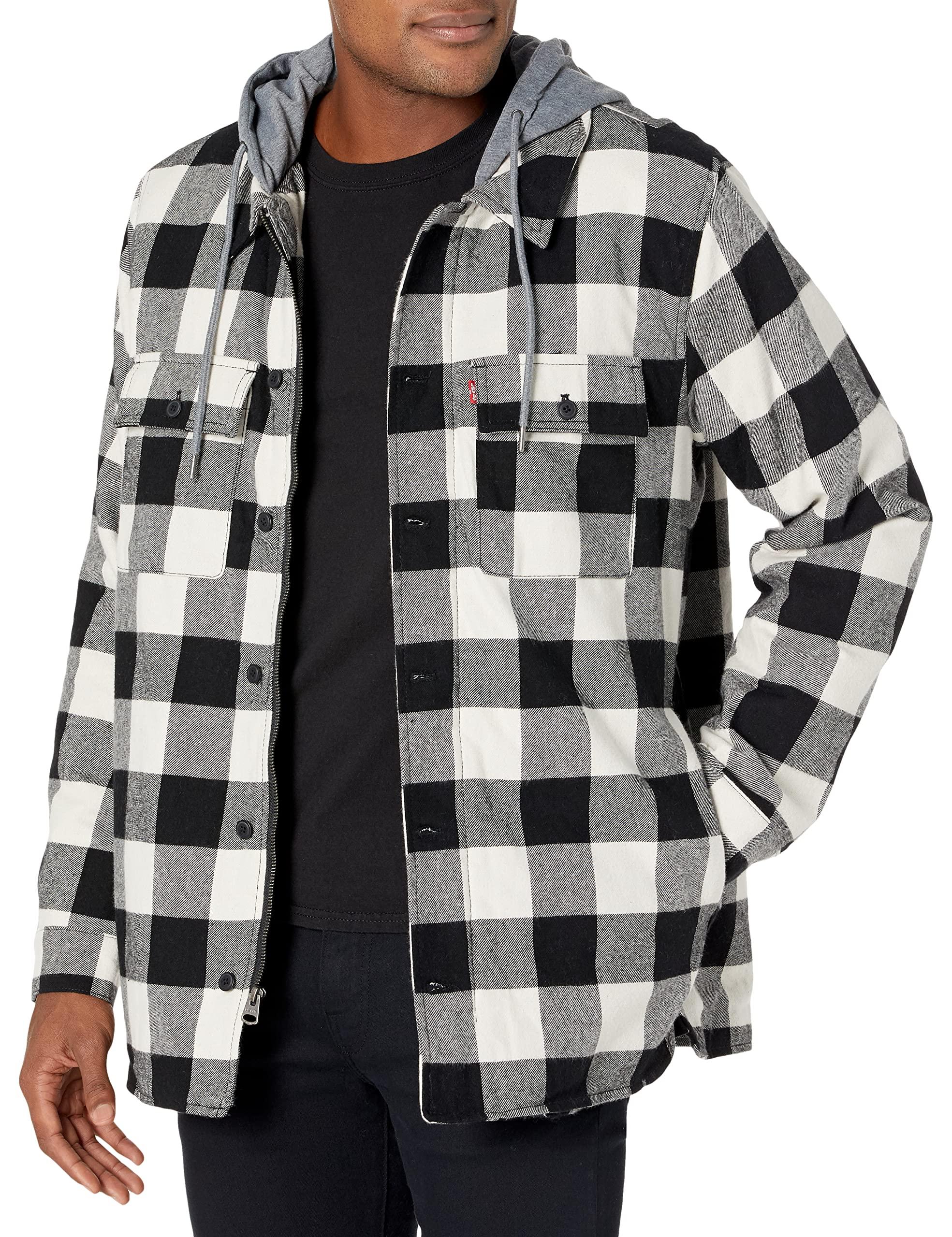Levi's Cotton Plaid Shirt Jacket With Soft Faux Fur Lining And Jersey Hood  in Black for Men | Lyst