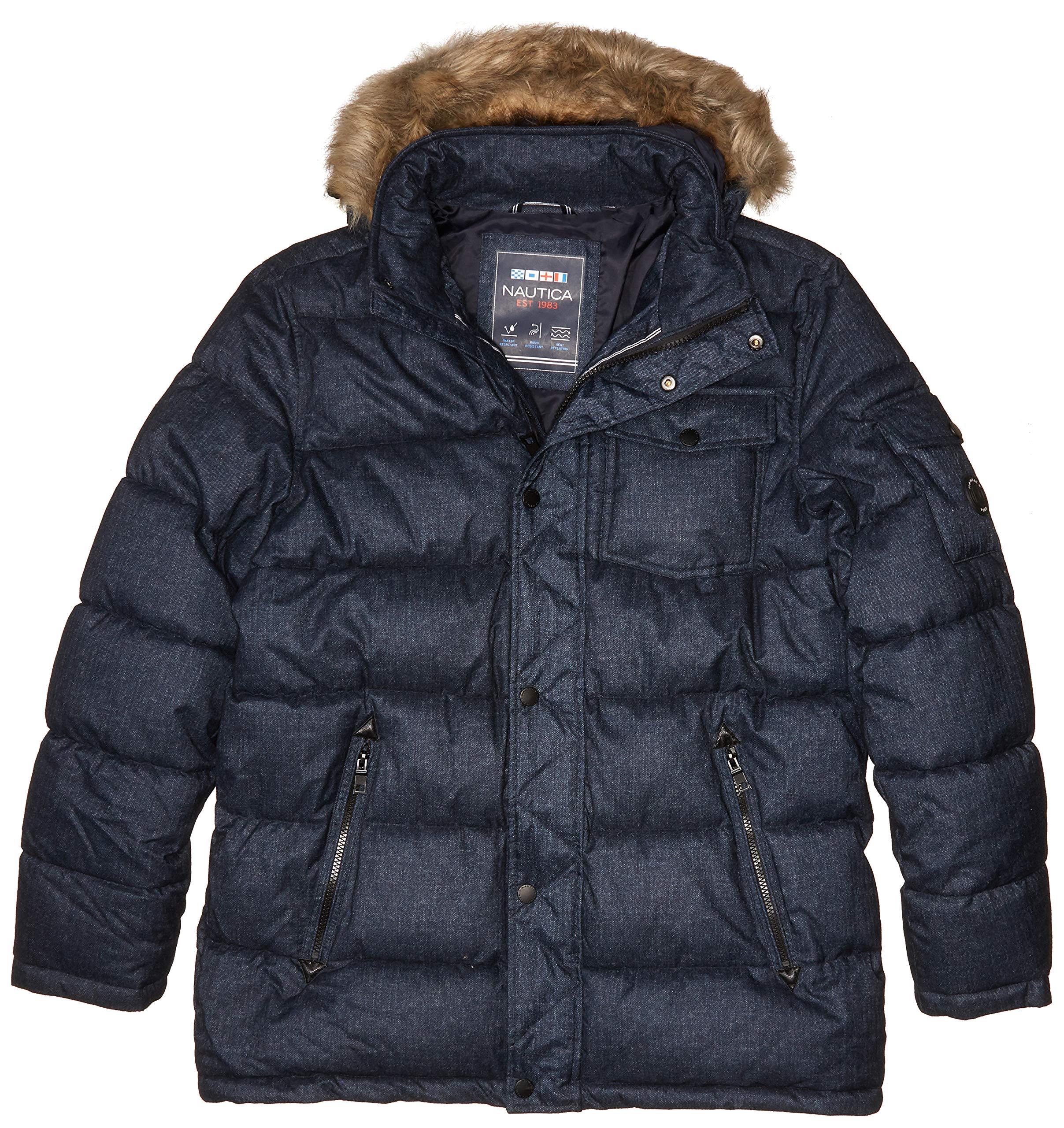 Nautica Quilted Parka Jacket Removable Faux Fur Hood in Navy (Black