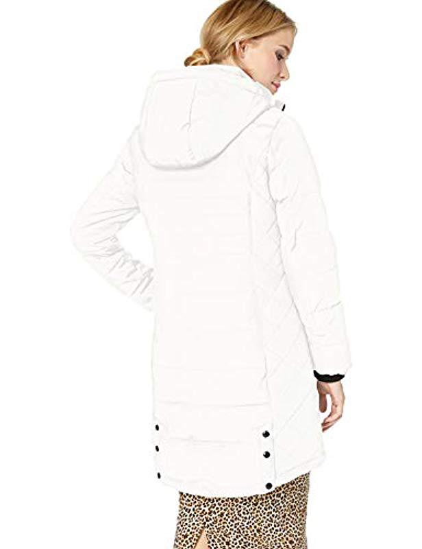GUESS womens Knee Length Heavy Puffer Coat With Faux Fur Trimmed Hood