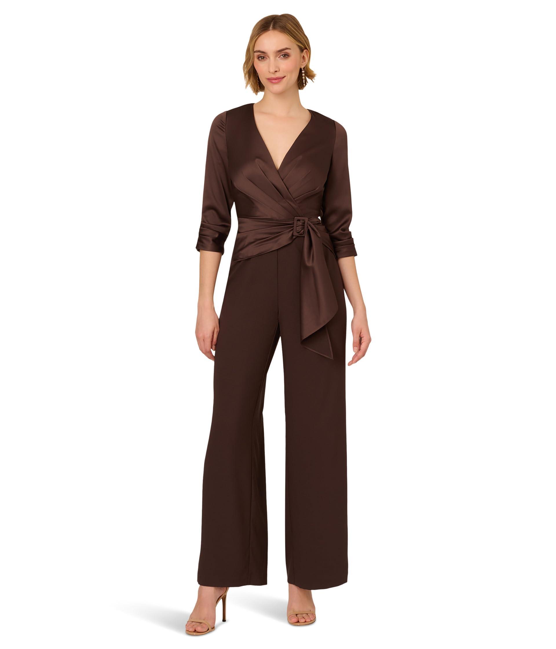 【海外限定】AdriannaPapell ドレス☆Printed Satin Long Brown Adrianna Papell 40476 Sheer Cape Beaded A-Line Dress