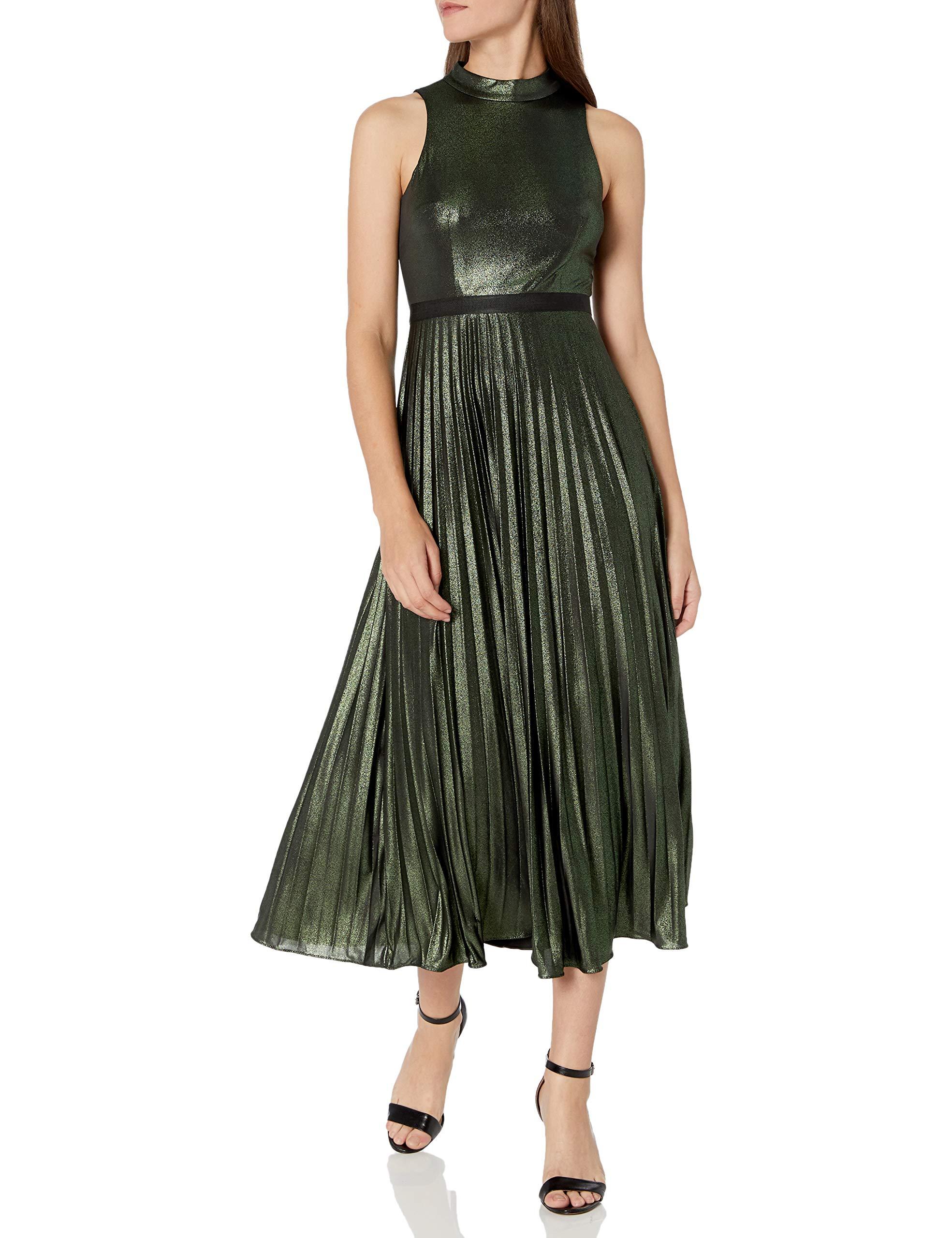 Donna Morgan Stretch Foil Pleated Skirt Halter Dress in Green/Black ...