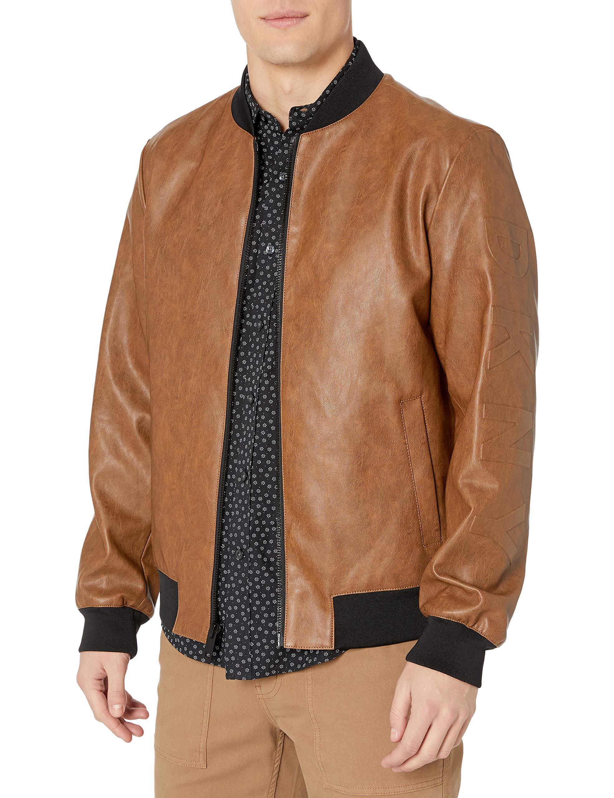 DKNY Leather Bomber Jacket in Brown for Men Lyst