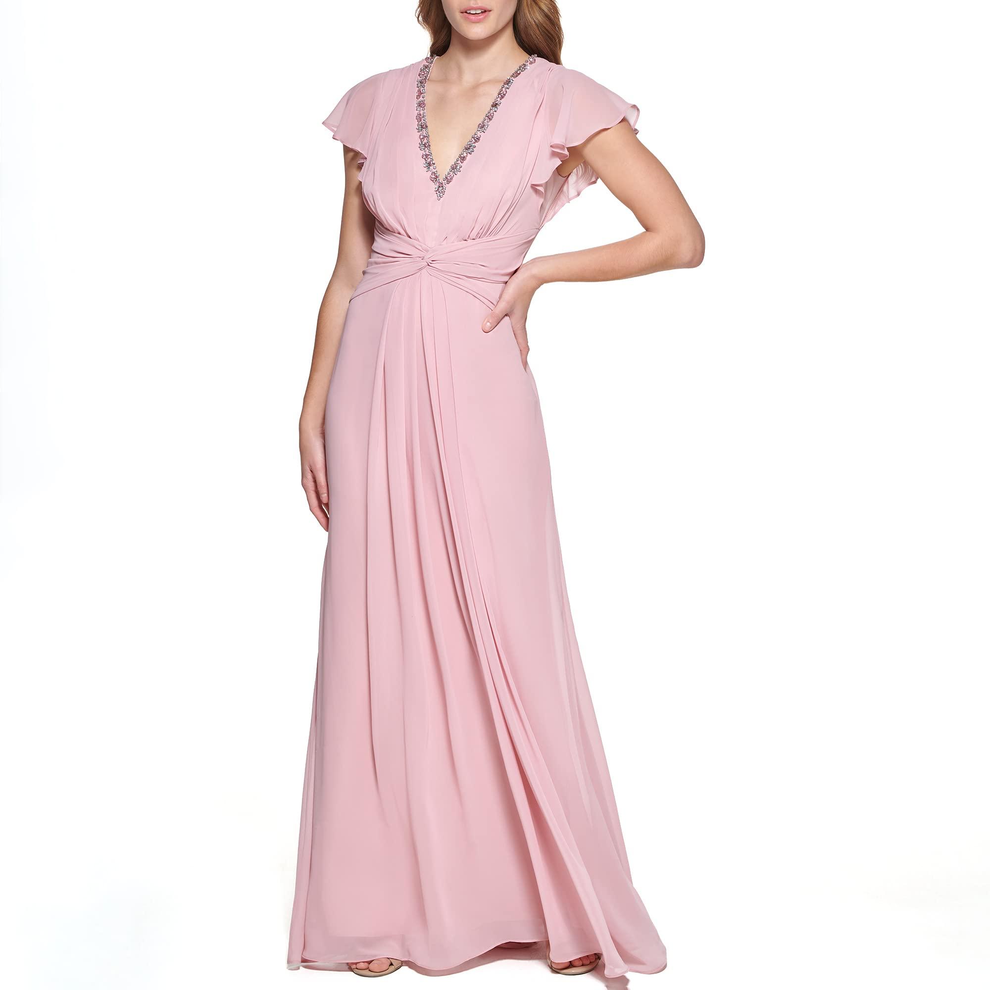 Women Solid Pink V-Neck Sleeveless Pleated Maxi Dress - Berrylush