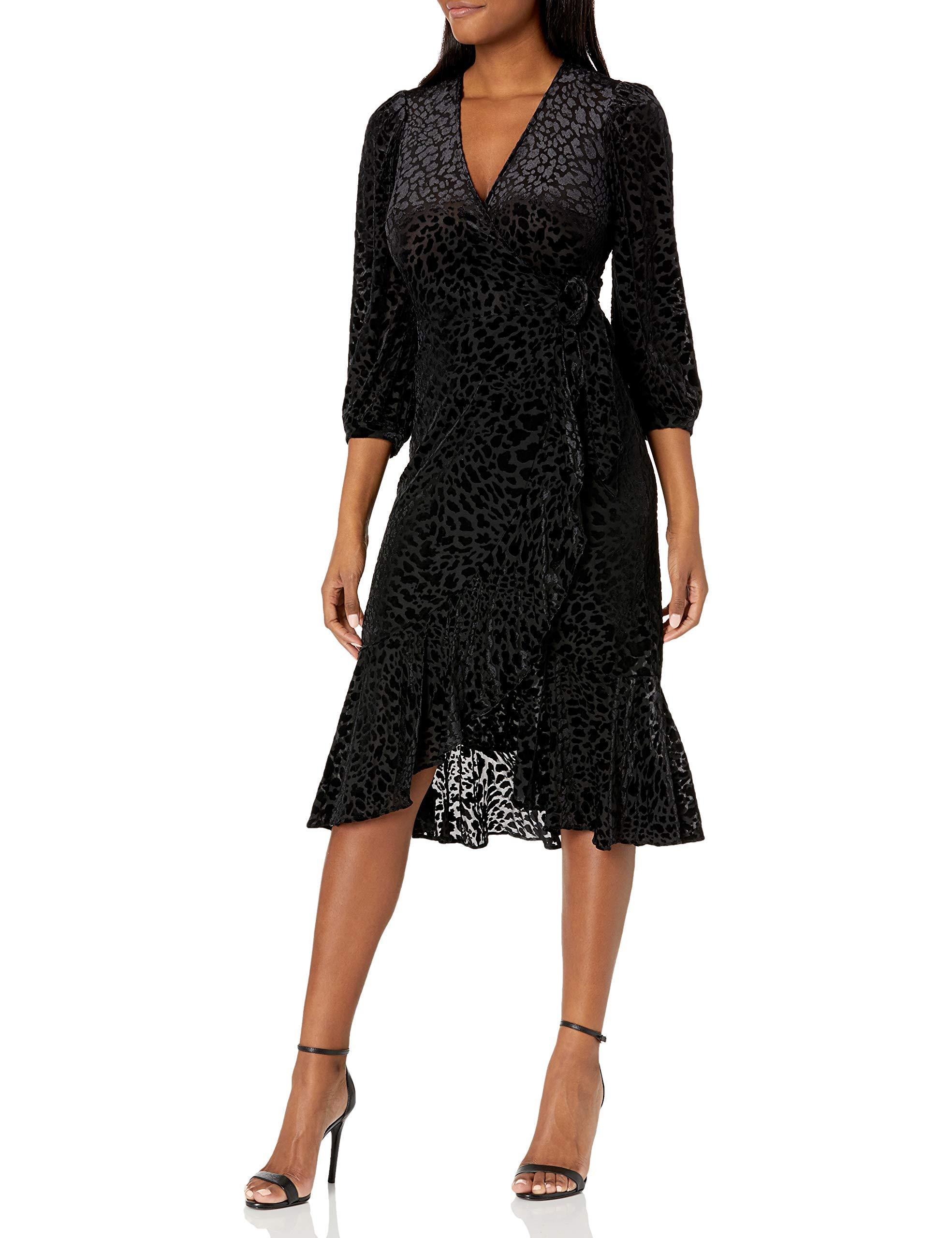 Calvin Klein Three Quarter Sleeve Faux Wrap Dress With Ruffle Hem in