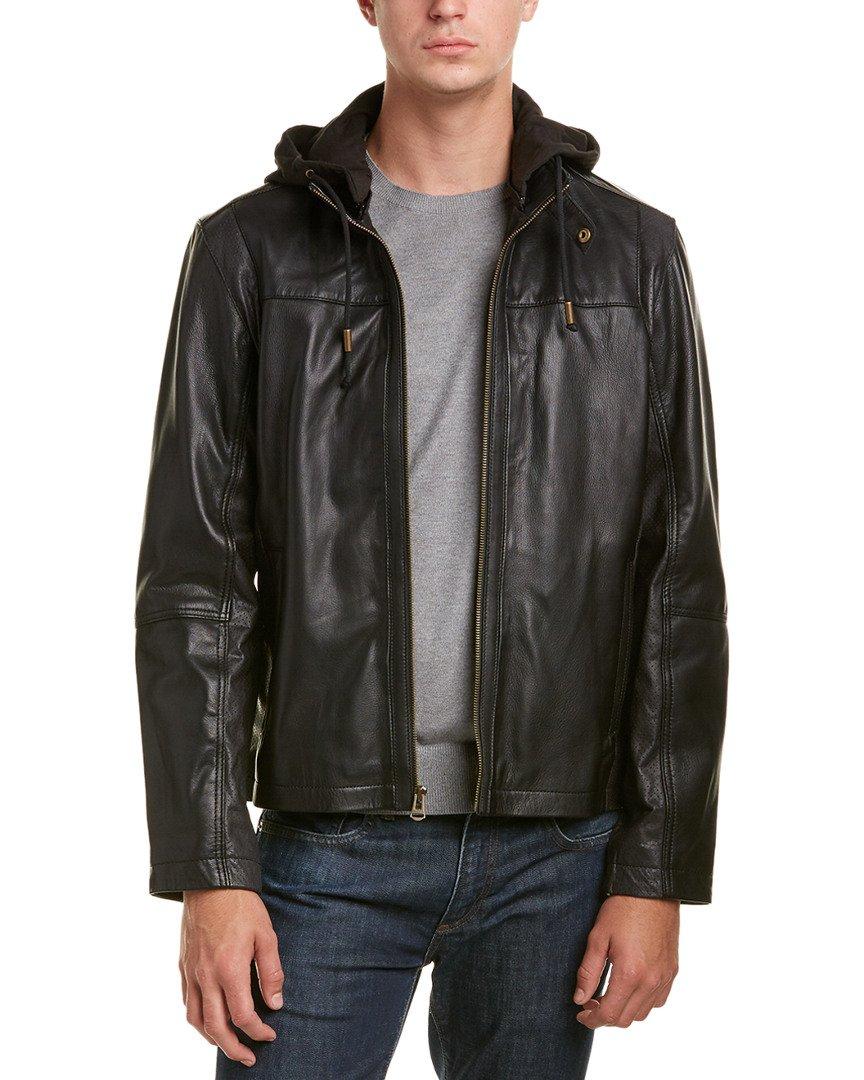 Washed Leather Zip Off Hood Moto Jacket 