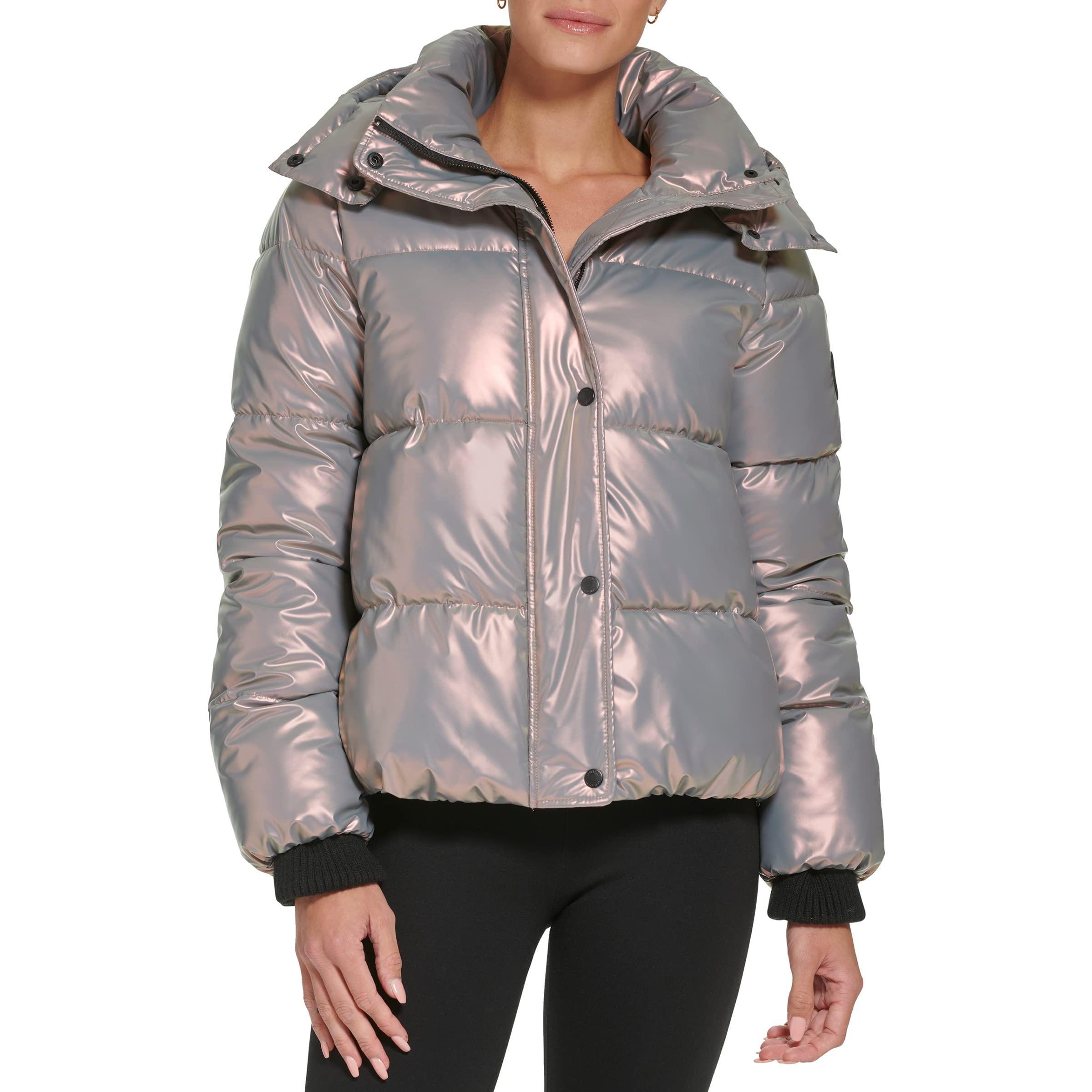 DKNY High Shine Hooded Puffer Jacket in Gray | Lyst