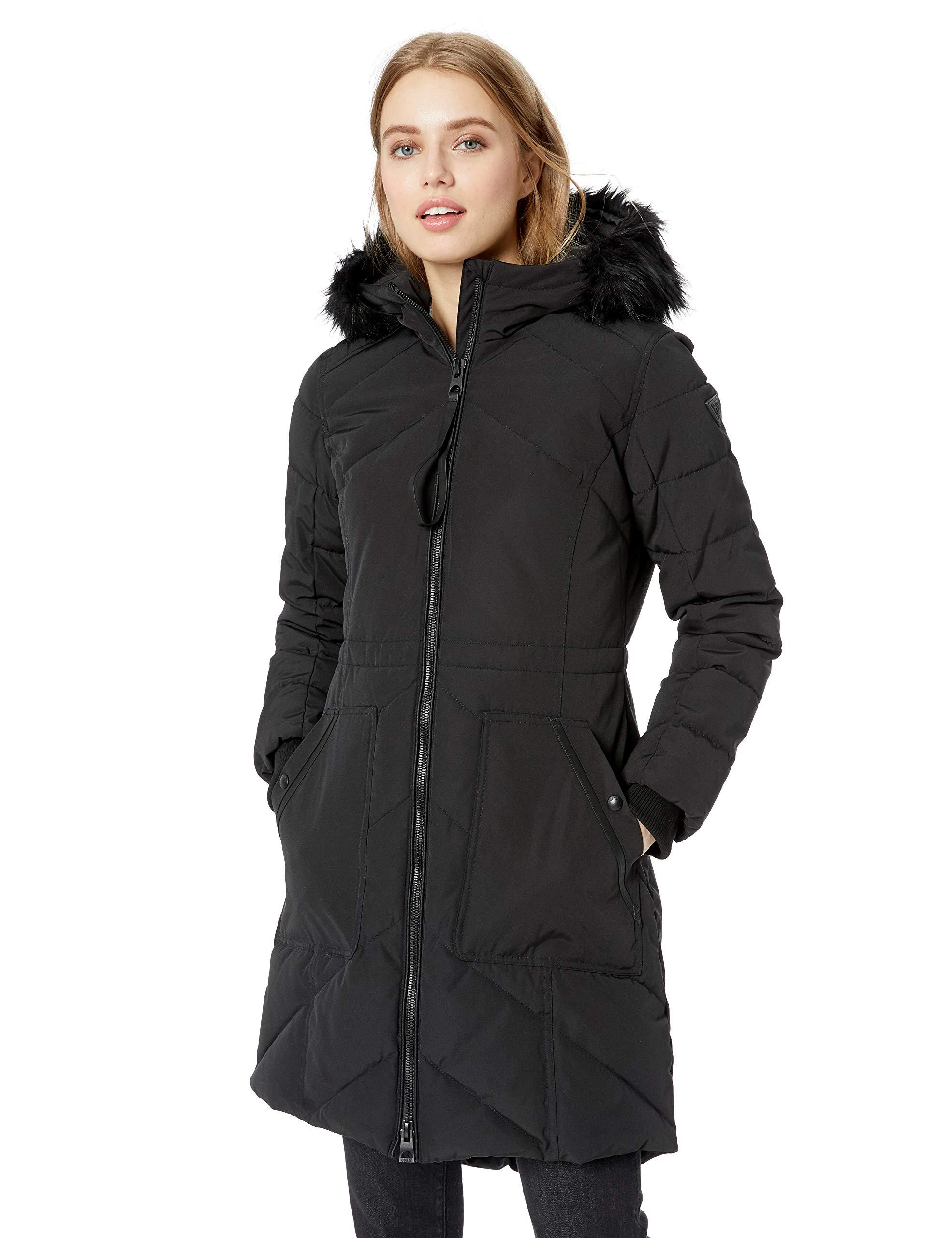 Guess Knee Length Heavy Puffer Coat With Faux Fur Trimmed Hood in Black ...