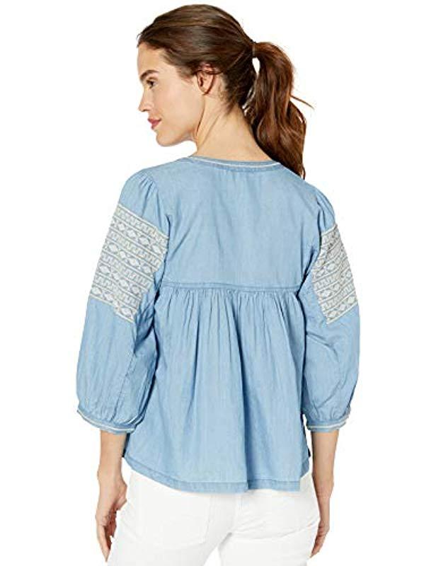 Lucky Brand Denim Embroidered Peasant Top in Blue - Lyst