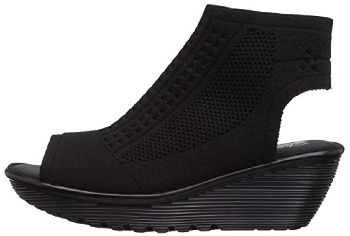 Skechers Parallel-tight Peep Toe Stretch Knit Sandal Wedge in Black | Lyst